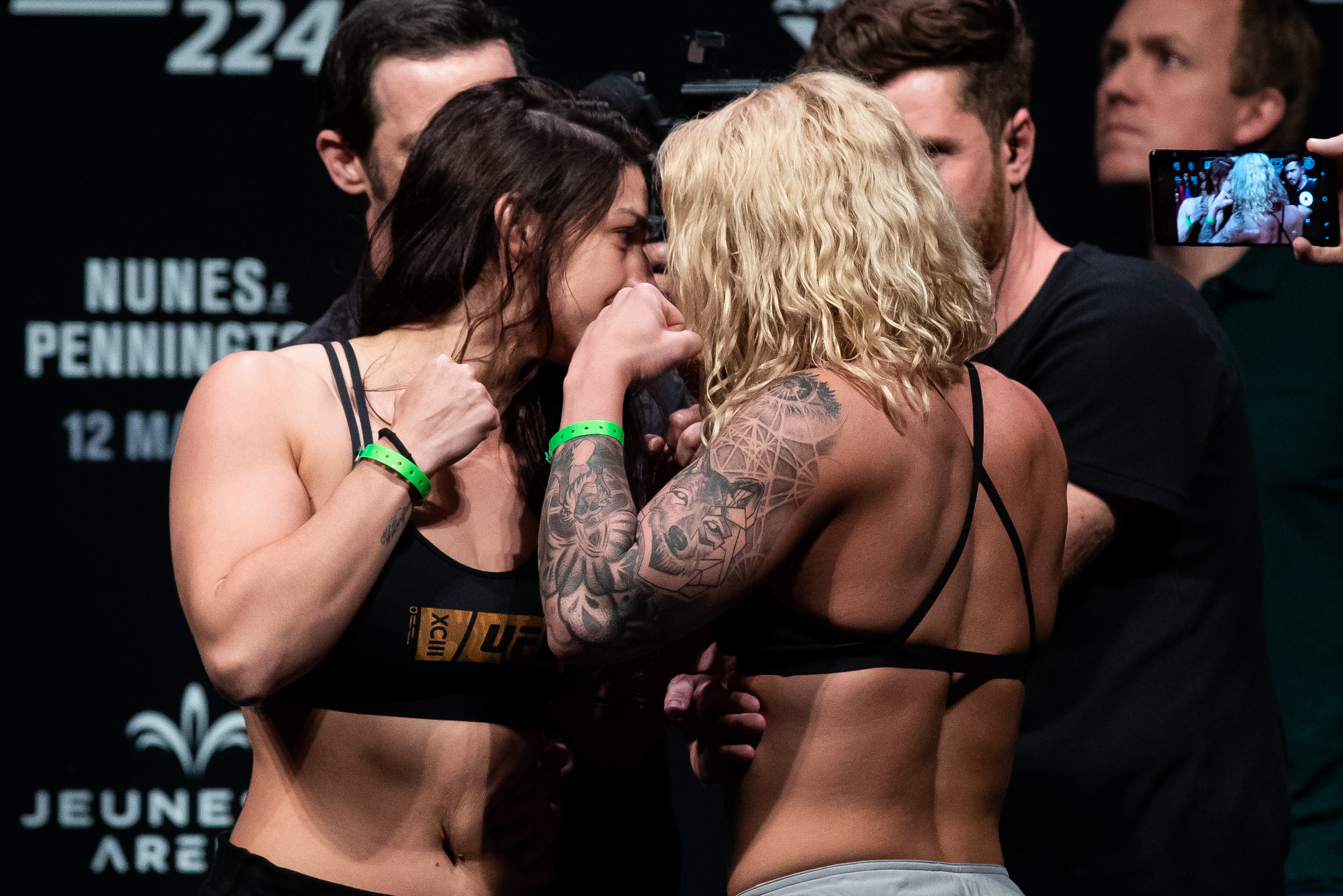 RIO DE JANEIRO, BRAZIL - MAY 11: Opponents Mackenzie Dern (L) of the United States and Amanda Cooper of the United States face off during the UFC 224 weigh-in at Jeunesse Arena on May 11, 2018 in Rio de Janeiro, Brazil. (Photo by Buda Mendes/Zuffa LLC/Zuf