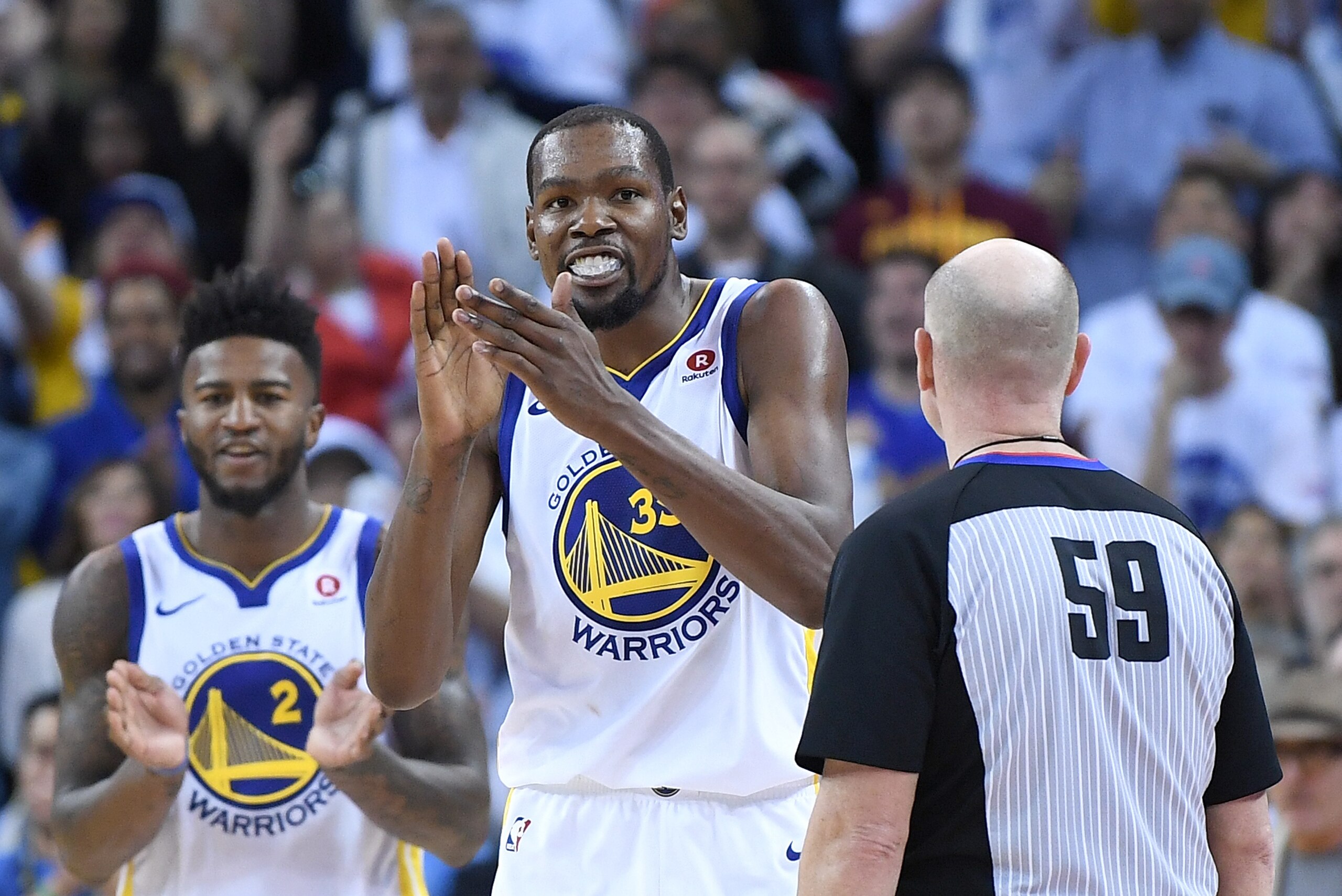 OAKLAND, CA - DECEMBER 25:  Kevin Durant #35 of the Golden State Warriors reacts after blocking the shot of LeBron James #23 of the Cleveland Cavaliers late in the fouth quarter of an NBA basketball game at ORACLE Arena on December 25, 2017 in Oakland, Ca