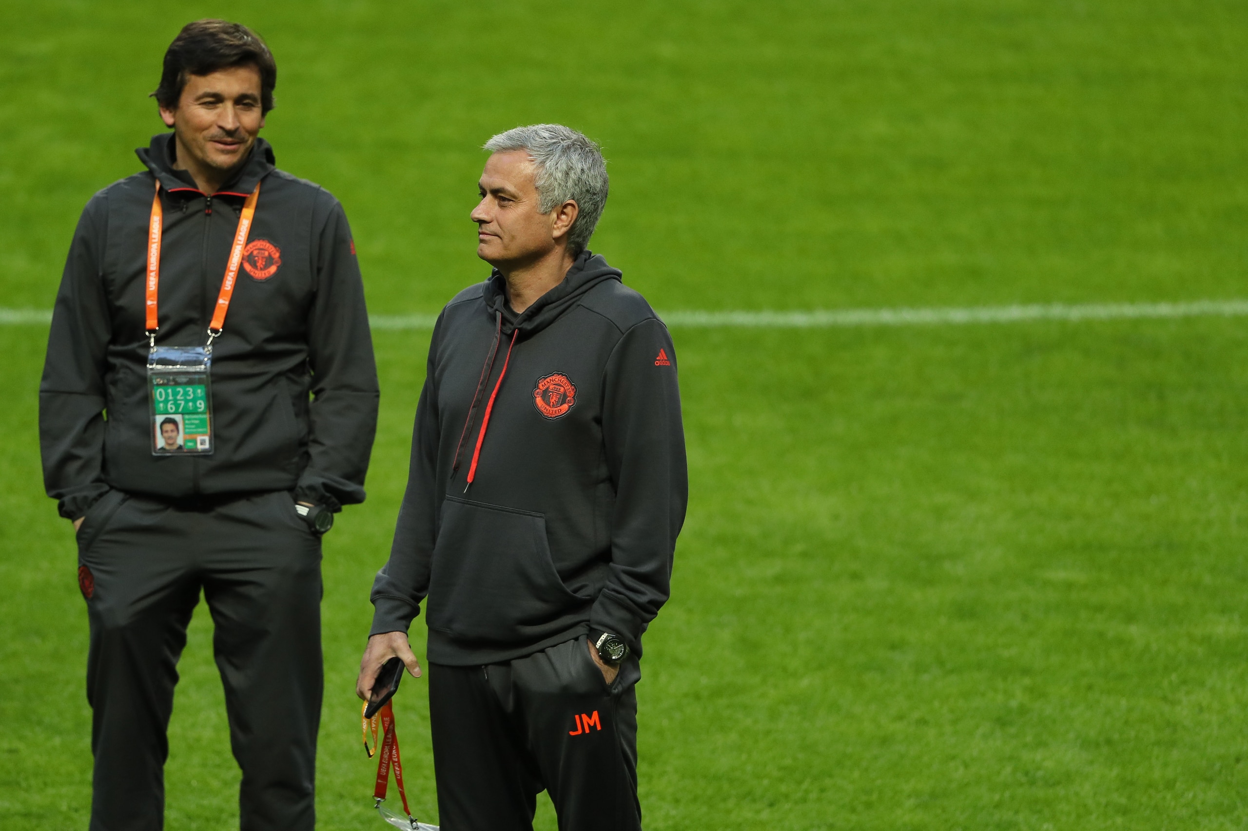 STOCKHOLM, SWEDEN - May 23 : Assistant manager at Manchester United Rui Faria and Jose Mourinho the head coach / manager of Manchester United ahead of the UEFA Europa League Final between Ajax and Manchester United at Friends Arena on May 23, 2017 in Stoc
