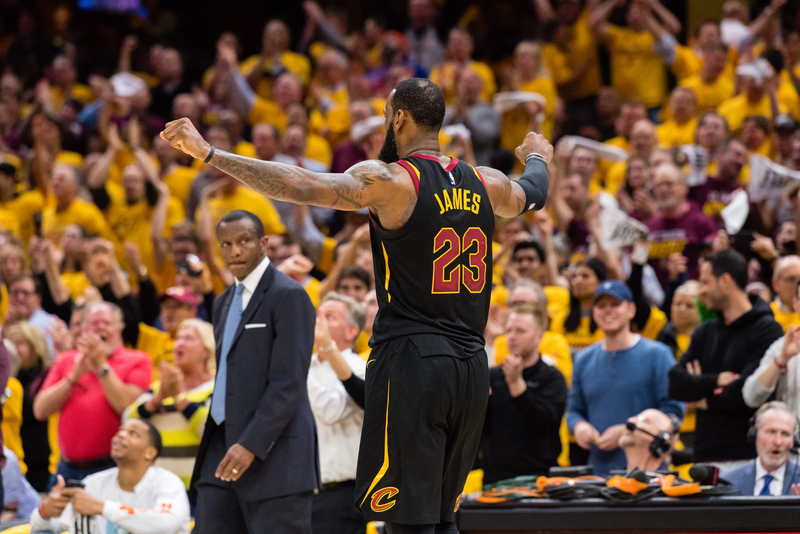 CLEVELAND, OH - MAY 7: LeBron James #23 of the Cleveland Cavaliers celebrates after the Toronto Raptors called a timeout during the first half of Game 4 of the second round of the Eastern Conference playoffs at Quicken Loans Arena on May 7, 2018 in Clevel CLEVELAND, OH - MAY 7: LeBron James #23 of the Cleveland Cavaliers celebrates after the Toronto Raptors called a timeout during the first half of Game 4 of the second round of the Eastern Conference playoffs at Quicken Loans Arena on May 7, 2018 in Clevel