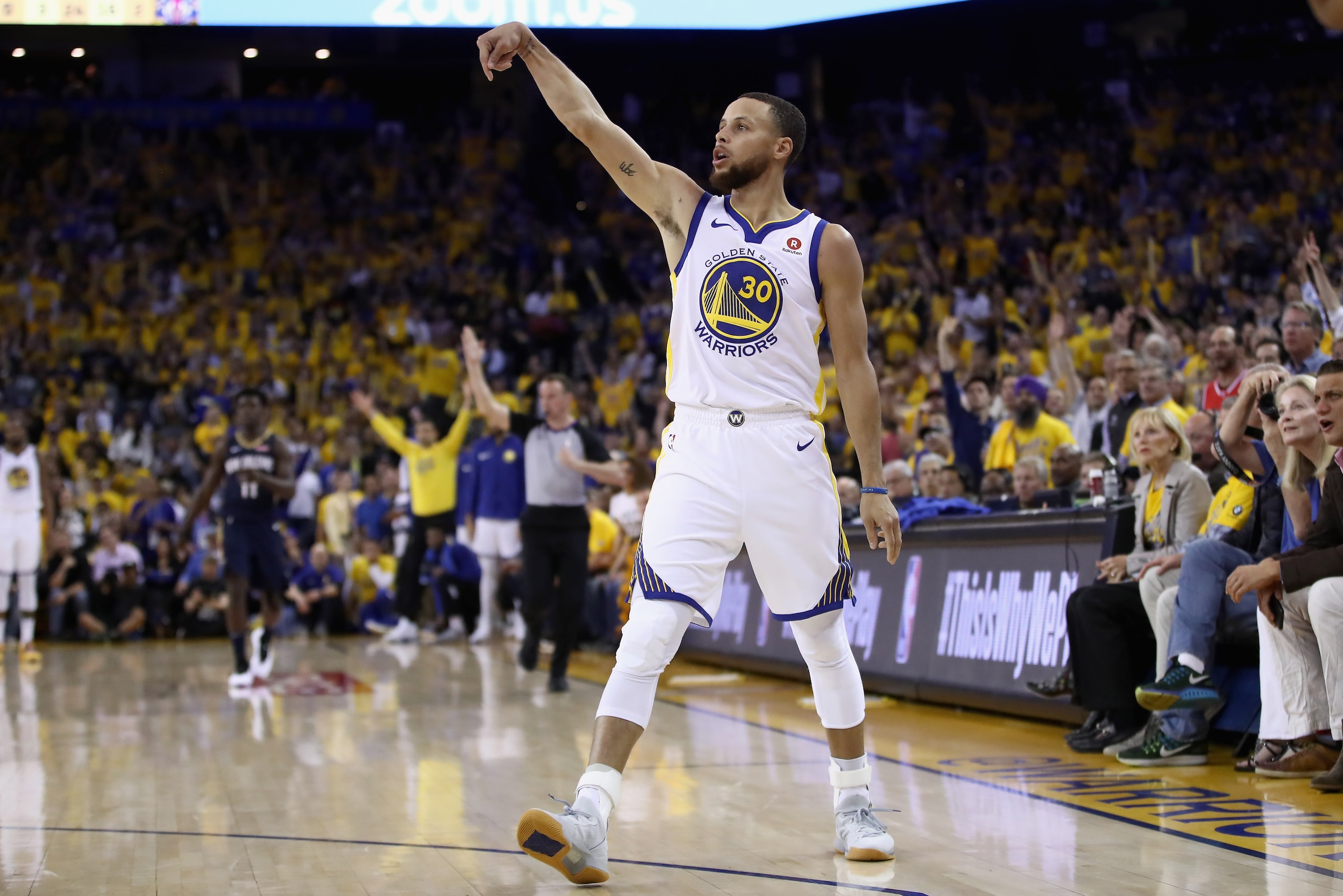 OAKLAND, CA - MAY 08: Stephen Curry #30 of the Golden State Warriors reacts after making a basket against the New Orleans Pelicans during Game Five of the Western Conference Semifinals of the 2018 NBA Playoffs at ORACLE Arena on May 8, 2018 in Oakland, C OAKLAND, CA - MAY 08: Stephen Curry #30 of the Golden State Warriors reacts after making a basket against the New Orleans Pelicans during Game Five of the Western Conference Semifinals of the 2018 NBA Playoffs at ORACLE Arena on May 8, 2018 in Oakland, C