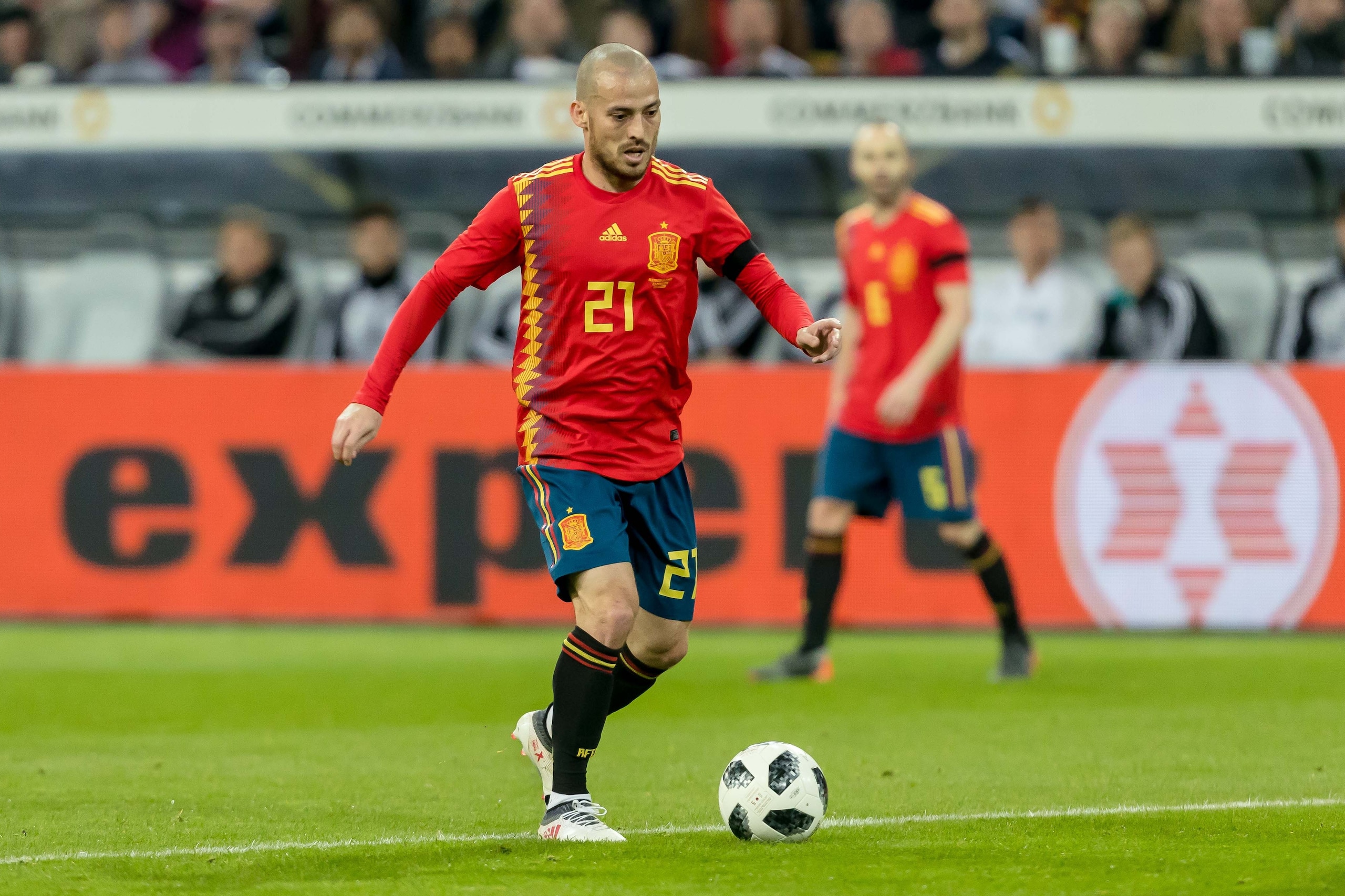 DUESSELDORF, GERMANY - MARCH 23: David Silva of Spain controls the ball during the international friendly match between Germany and Spain at Esprit-Arena on March 23, 2018 in Duesseldorf, Germany. (Photo by TF-Images/Getty Images)