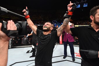 SAO PAULO, BRAZIL - OCTOBER 28:  John Lineker of Brazil celebrates after defeating Marlon Vera of Ecuador in their bantamweight bout during the UFC Fight Night event inside the Ibirapuera Gymnasium on October 28, 2017 in Sao Paulo, Brazil. (Photo by Josh 