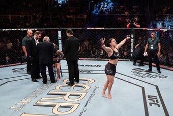RIO DE JANEIRO, BRAZIL - MAY 12: Mackenzie Dern of the United States celebrates victory over Amanda Cooper of the United States in their women's strawweigth bout during the UFC 224 event at Jeunesse Arena on May 12, 2018 in Rio de Janeiro, Brazil. (Photo 