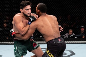 RIO DE JANEIRO, BRAZIL - MAY 12: Ronaldo Souza ( R) of Brazil controls the body of Kelvin Gastelum of the United States in their middleweight bout during the UFC 224 event at Jeunesse Arena on May 12, 2018 in Rio de Janeiro, Brazil. (Photo by Buda Mendes/