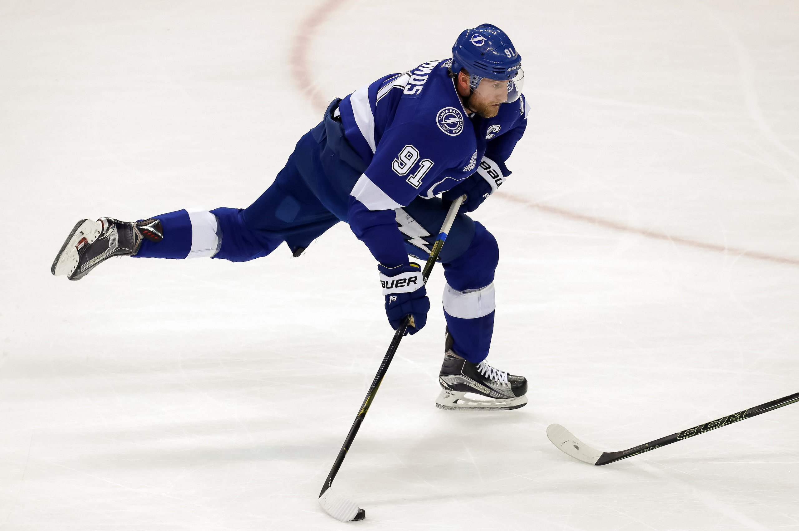 TAMPA, FL - MAY 11: Steven Stamkos #91 of the Tampa Bay Lightning shoots against the Washington Capitals during the first period in Game One of the Eastern Conference Finals during the 2018 NHL Stanley Cup Playoffs at Amalie Arena on May 11, 2018 in Tampa