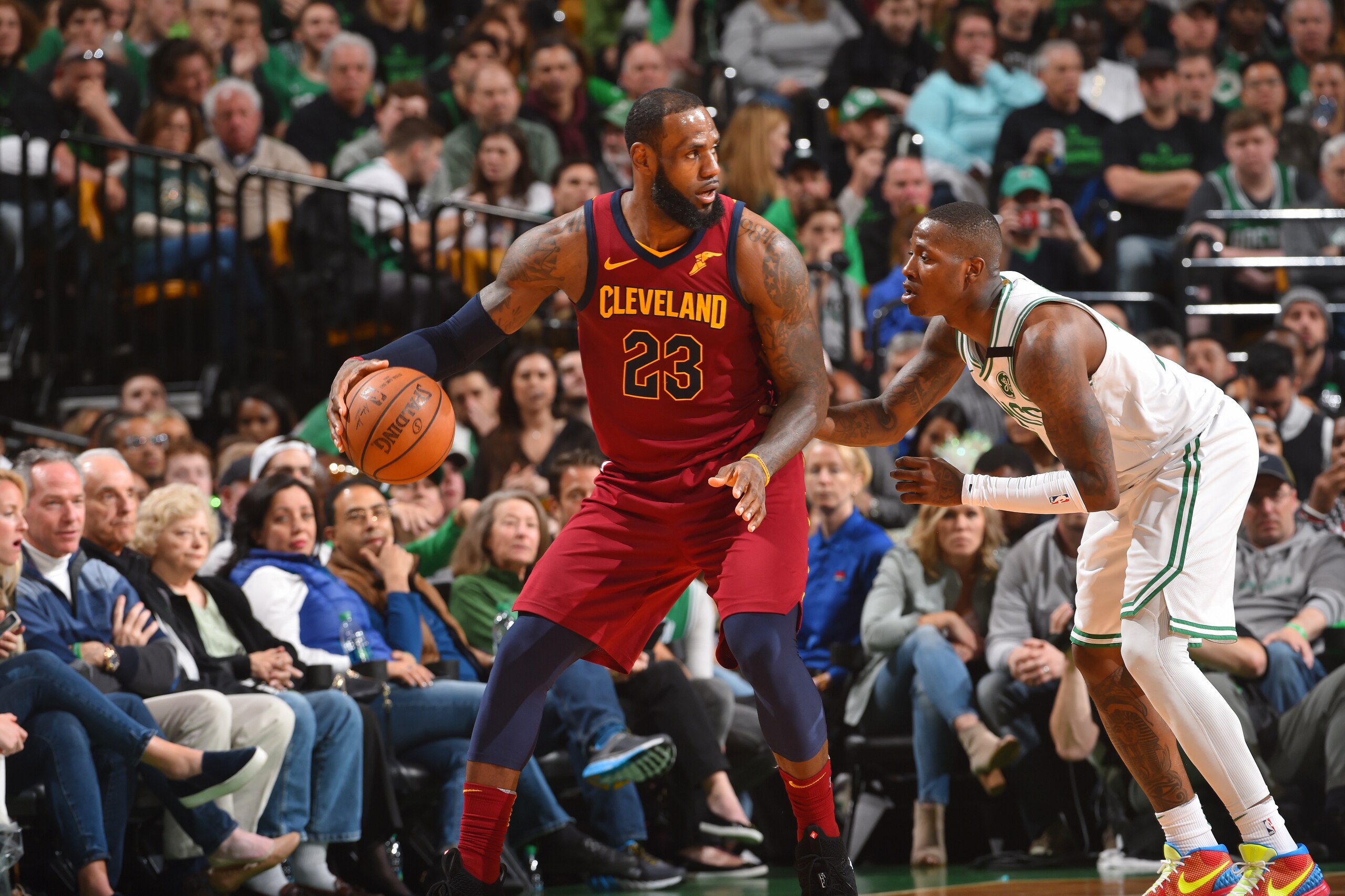 BOSTON, MA - MAY 13: LeBron James #23 of the Cleveland Cavaliers handles the ball against the Boston Celtics during Game One of the Eastern Conference Finals of the 2018 NBA Playoffs on May 13, 2018 at the TD Garden in Boston, Massachusetts. NOTE TO USER: