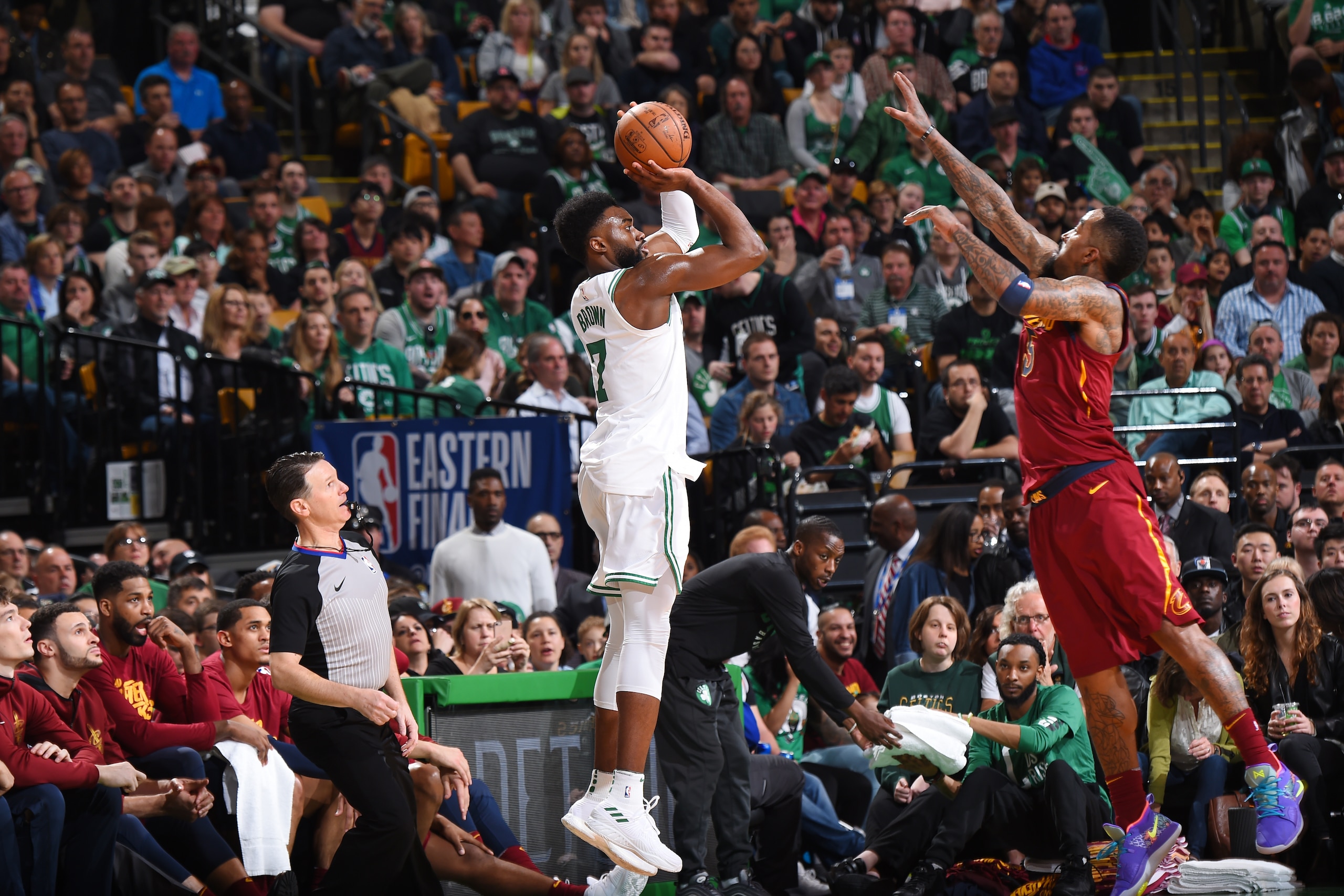 BOSTON, MA - MAY 13:  Jaylen Brown #7 of the Boston Celtics shoots the ball against the Cleveland Cavaliers during Game One of the Eastern Conference Finals of the 2018 NBA Playoffs on May 13, 2018 at the TD Garden in Boston, Massachusetts.  NOTE TO USER: