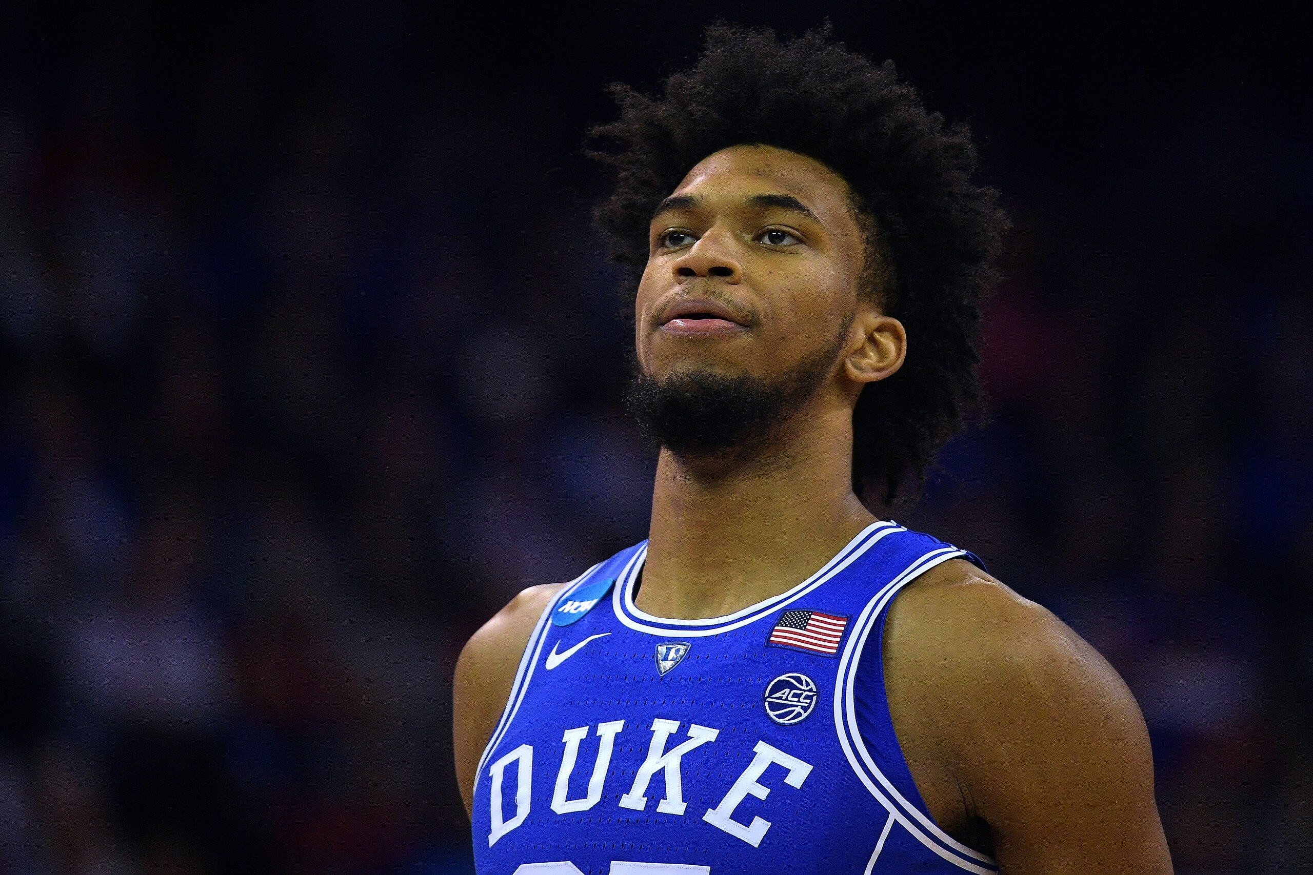 OMAHA, NE - MARCH 25: Marvin Bagley III #35 of the Duke Blue Devils concentrates at the free throw line against the Kansas Jayhawks during the 2018 NCAA Men's Basketball Tournament Midwest Regional Final at CenturyLink Center on March 25, 2018 in Omaha, N
