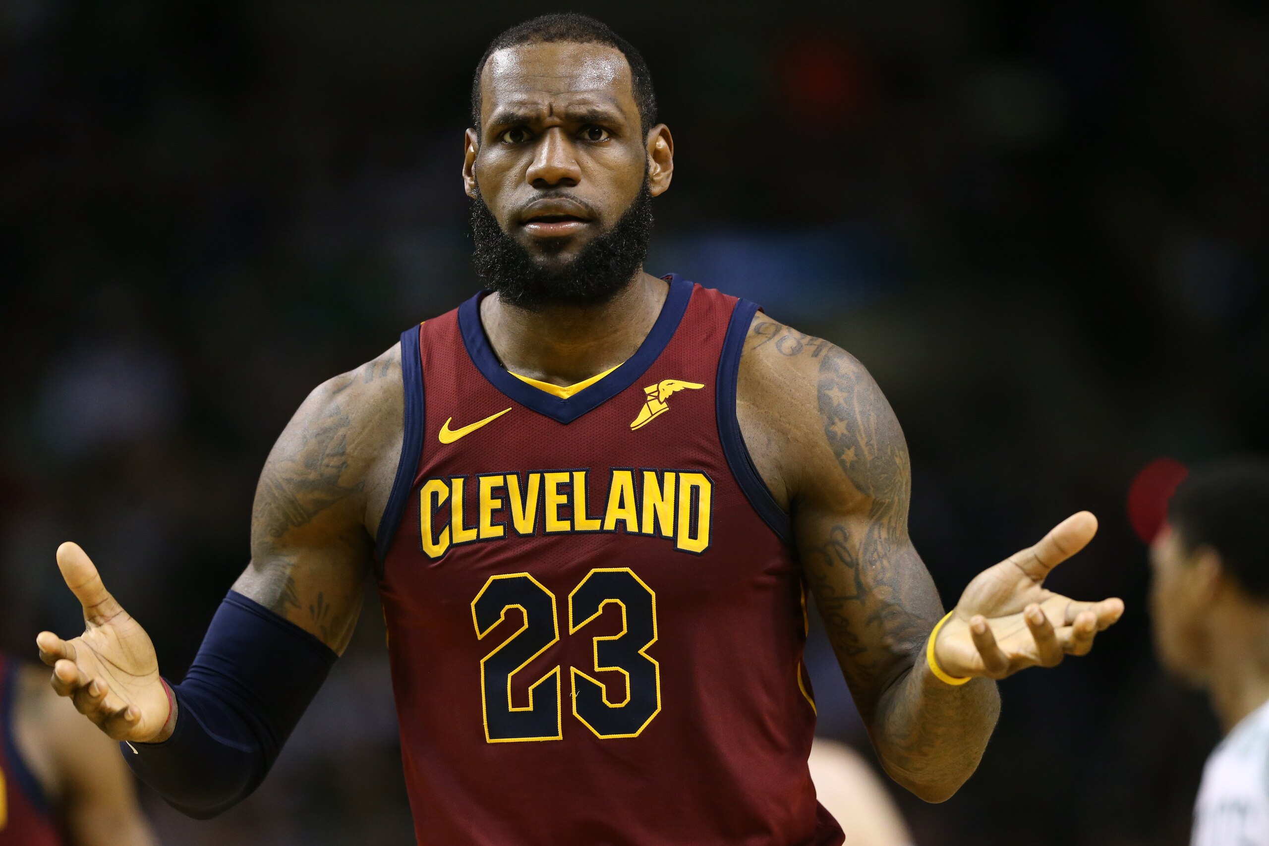 BOSTON, MA - MAY 13:  LeBron James #23 of the Cleveland Cavaliers reacts against the Boston Celtics during the fourth quarter in Game One of the Eastern Conference Finals of the 2018 NBA Playoffs at TD Garden on May 13, 2018 in Boston, Massachusetts. The 