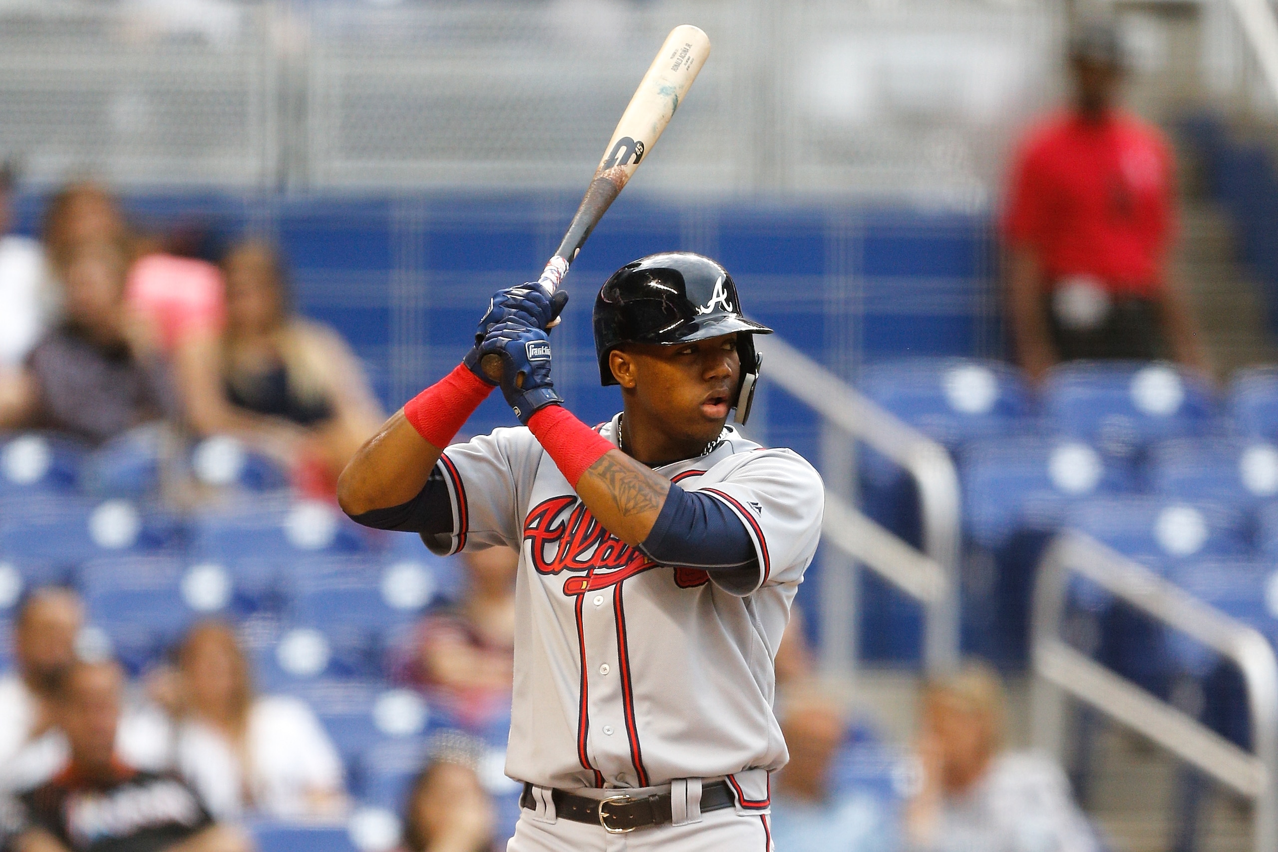 MIAMI, FL - MAY 11:  Ronald Acuna Jr. #13 of the Atlanta Braves at bat against the Miami Marlins at Marlins Park on May 11, 2018 in Miami, Florida.  (Photo by Michael Reaves/Getty Images)