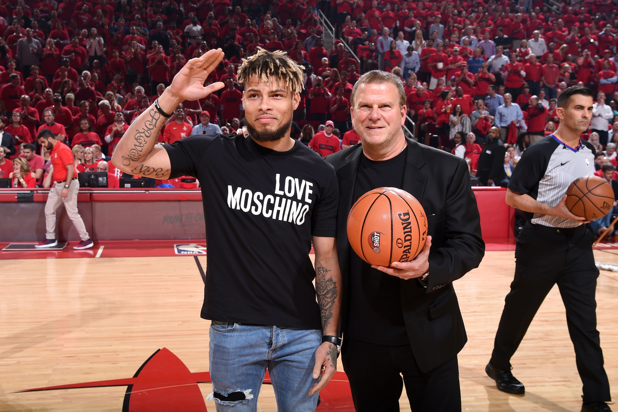 HOUSTON, TX - APRIL 25: Tyrann Mathieu and Houston Rockets owner Tilman Fertitta before Game Five of the Western Conference Quarterfinals against the Minnesota Timberwolves during the 2018 NBA Playoffs on April 25, 2018 at the Toyota Center in Houston, Te