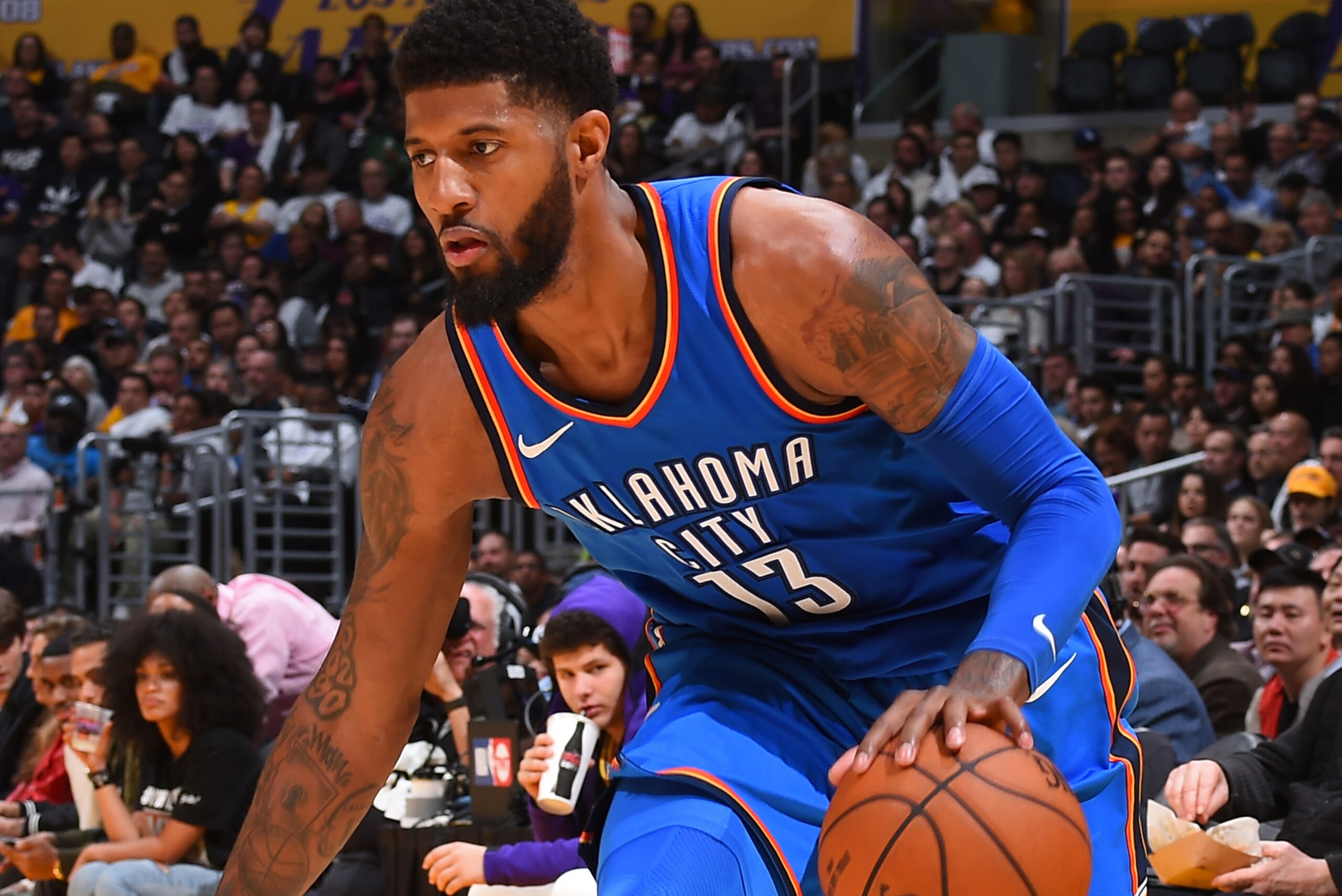 LOS ANGELES, CA - FEBRUARY 8: Paul George #13 of the Oklahoma City Thunder handles the ball against the Los Angeles Lakers on February 8, 2018 at STAPLES Center in Los Angeles, California. NOTE TO USER: User expressly acknowledges and agrees that, by down