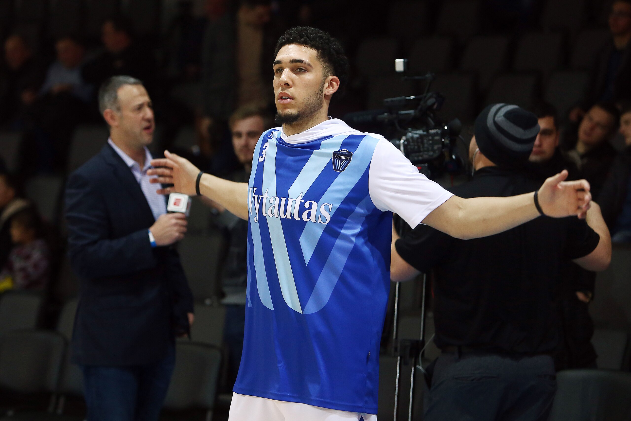 PRIENAI, LITHUANIA - JANUARY 09:  LiAngelo Ball of Vytautas Prienai prior to the match between Vytautas Prienai and Zalgiris Kauno on January 9, 2018 in Prienai, Lithuania.  (Photo by Alius Koroliovas/Getty Images)