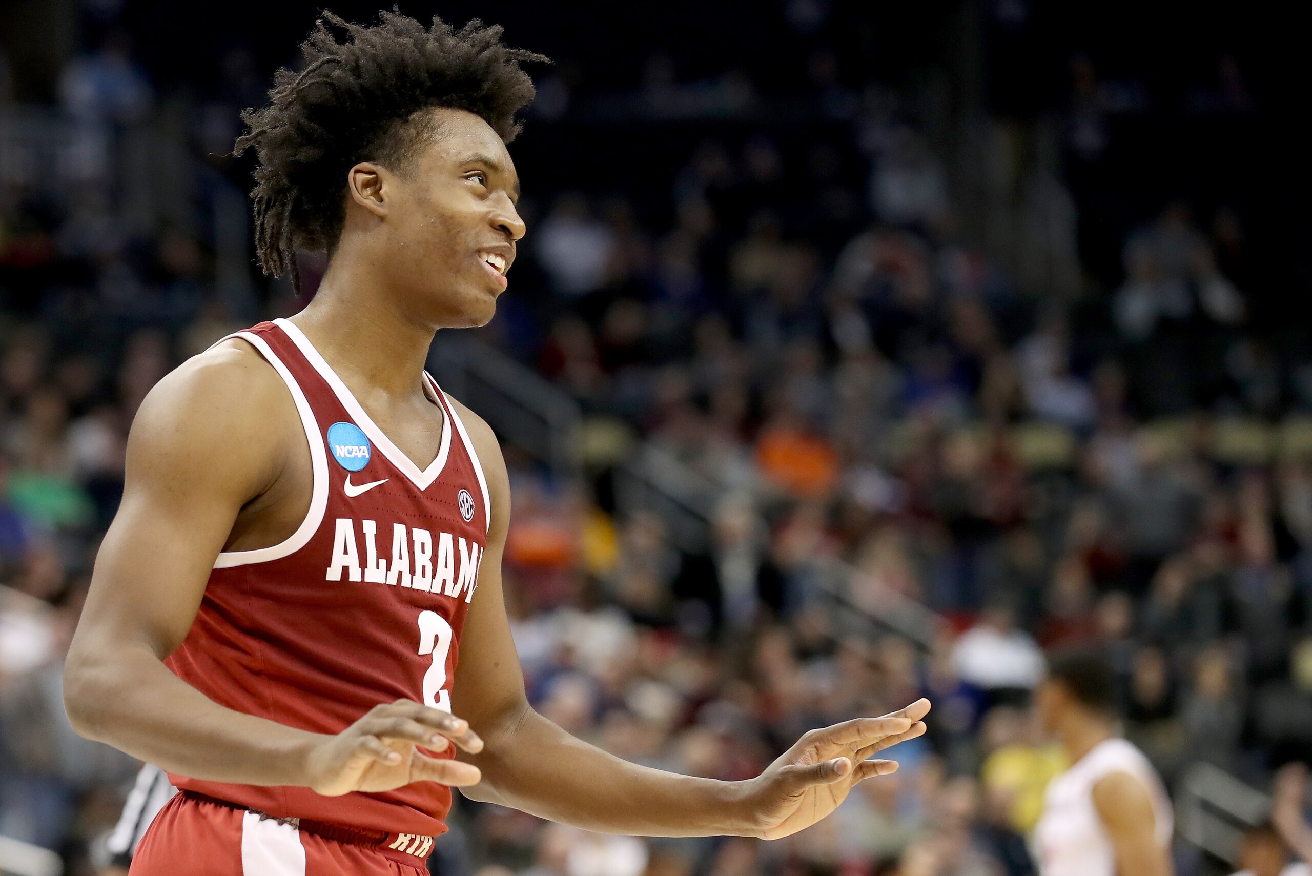 PITTSBURGH, PA - MARCH 15:  Collin Sexton #2 of the Alabama Crimson Tide reacts against the Virginia Tech Hokies during the second half of the game in the first round of the 2018 NCAA Men's Basketball Tournament at PPG PAINTS Arena on March 15, 2018 in Pi