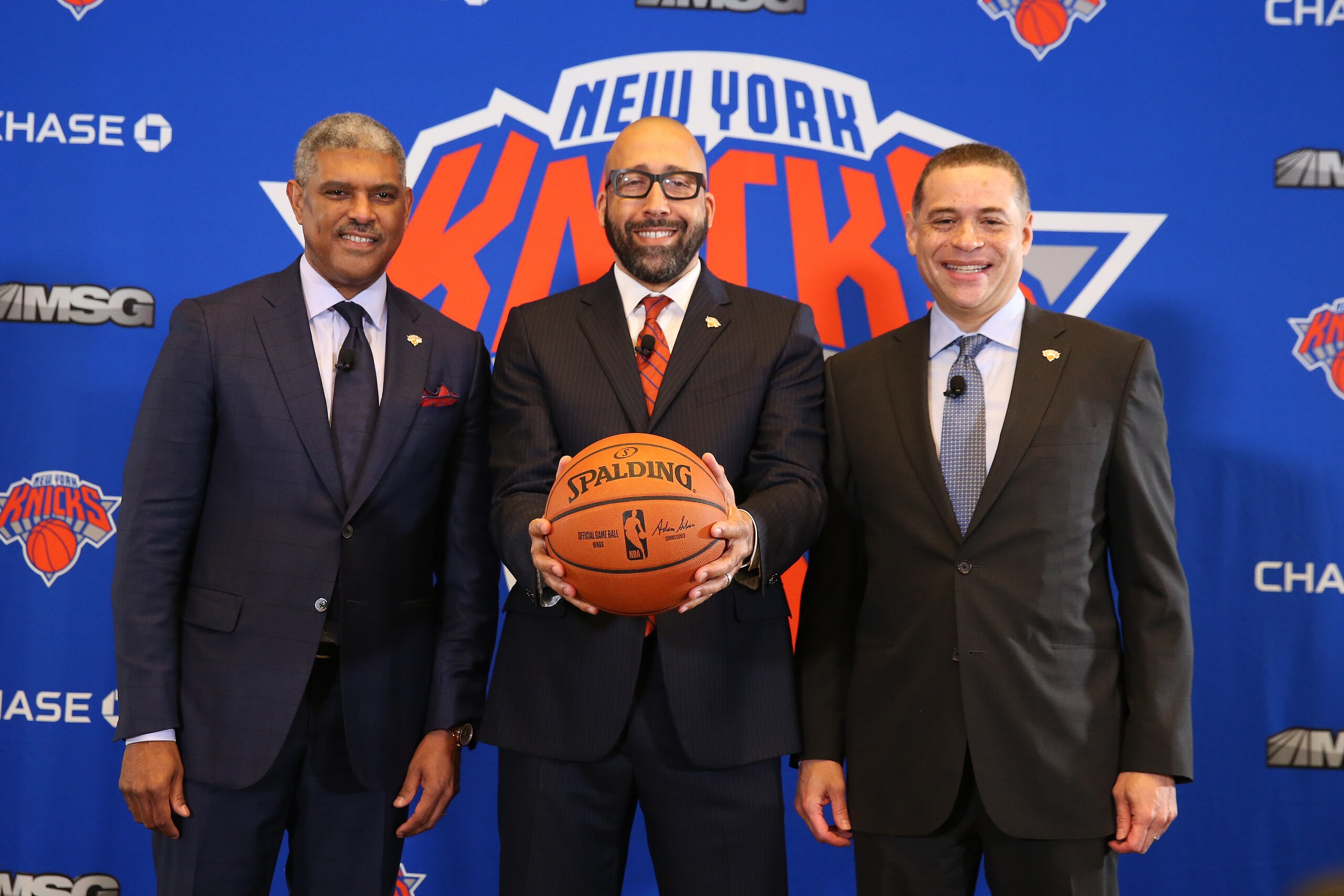 NEW YORK, NY - MAY 8: Steve Mills, David Fizdale and Scott Perry of the New York Knicks during a press conference announcing David Fizdale as the new head coach on May 8, 2018 at Madison Square Garden in New York City, New York.  NOTE TO USER: User expres