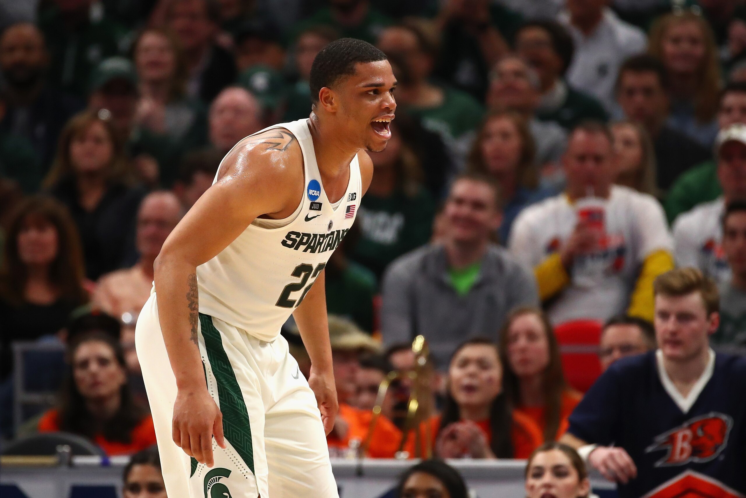 DETROIT, MI - MARCH 16:  Miles Bridges #22 of the Michigan State Spartans reacts during the second half against the Bucknell Bison in the first round of the 2018 NCAA Men's Basketball Tournament at Little Caesars Arena on March 16, 2018 in Detroit, Michig