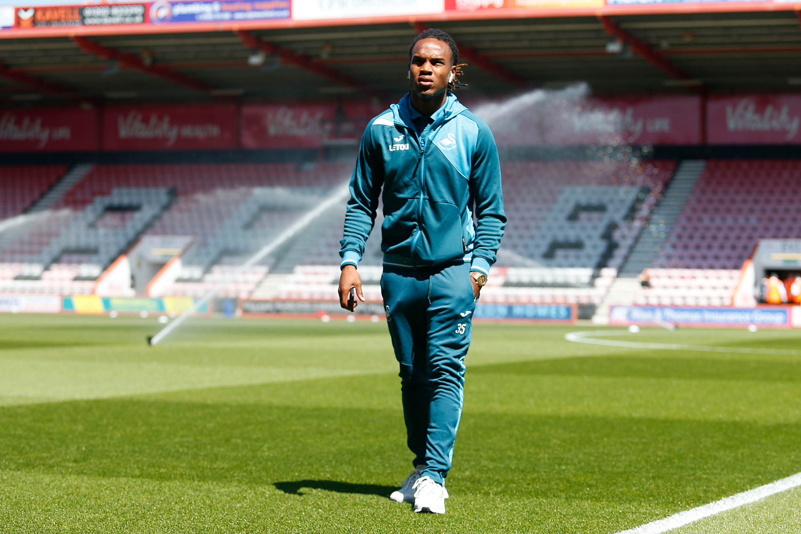 BOURNEMOUTH, ENGLAND - MAY 05: Renato Sanches of Swansea City arrives at Vitality Stadium prior to kick off of the Premier League match between AFC Bournemouth and Swansea City at Vitality Stadium on May 5, 2018 in Bournemouth, England. (Photo by Athena P