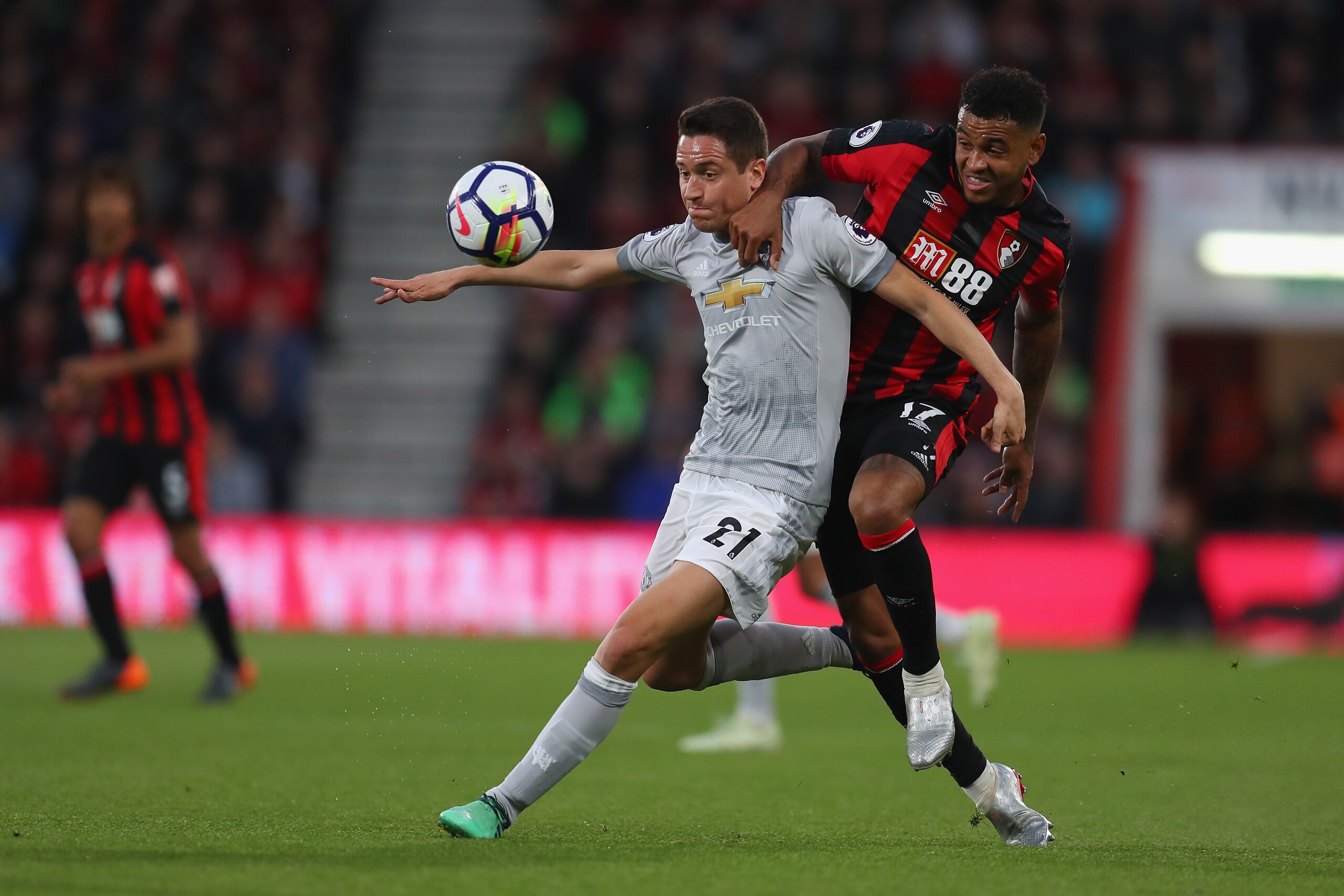 BOURNEMOUTH, ENGLAND - APRIL 18: Ander Herrera of Manchester United and Joshua King of AFC Bournemouth battle for possession during the Premier League match between AFC Bournemouth and Manchester United at Vitality Stadium on April 18, 2018 in Bournemouth BOURNEMOUTH, ENGLAND - APRIL 18: Ander Herrera of Manchester United and Joshua King of AFC Bournemouth battle for possession during the Premier League match between AFC Bournemouth and Manchester United at Vitality Stadium on April 18, 2018 in Bournemouth