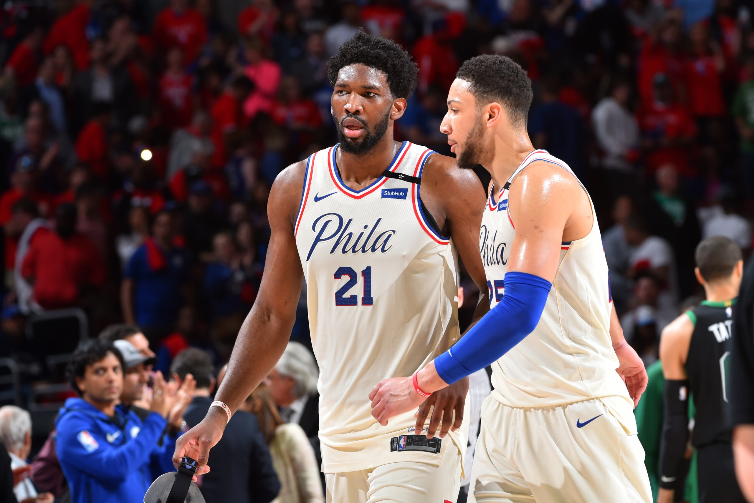 PHILADELPHIA, PA - MAY 7: Joel Embiid #21 and Ben Simmons #25 of the Philadelphia 76ers talk during Game Four of the Eastern Conference Semifinals of the 2018 NBA Playoffs on May 5, 2018 at Wells Fargo Center in Philadelphia, Pennsylvania. NOTE TO USER: U