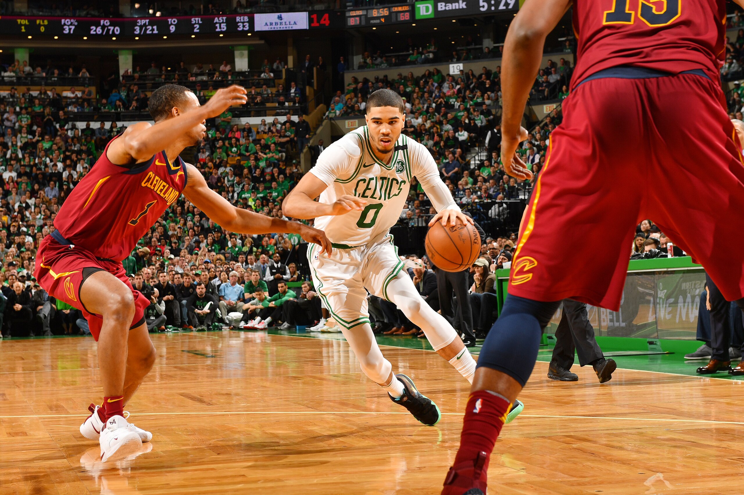 BOSTON, MA - MAY 13: Jayson Tatum #0 of the Boston Celtics handles the ball against the Cleveland Cavaliers during Game One of the Eastern Conference Finals of the 2018 NBA Playoffs on May 13, 2018 at the TD Garden in Boston, Massachusetts. NOTE TO USER: BOSTON, MA - MAY 13: Jayson Tatum #0 of the Boston Celtics handles the ball against the Cleveland Cavaliers during Game One of the Eastern Conference Finals of the 2018 NBA Playoffs on May 13, 2018 at the TD Garden in Boston, Massachusetts. NOTE TO USER: