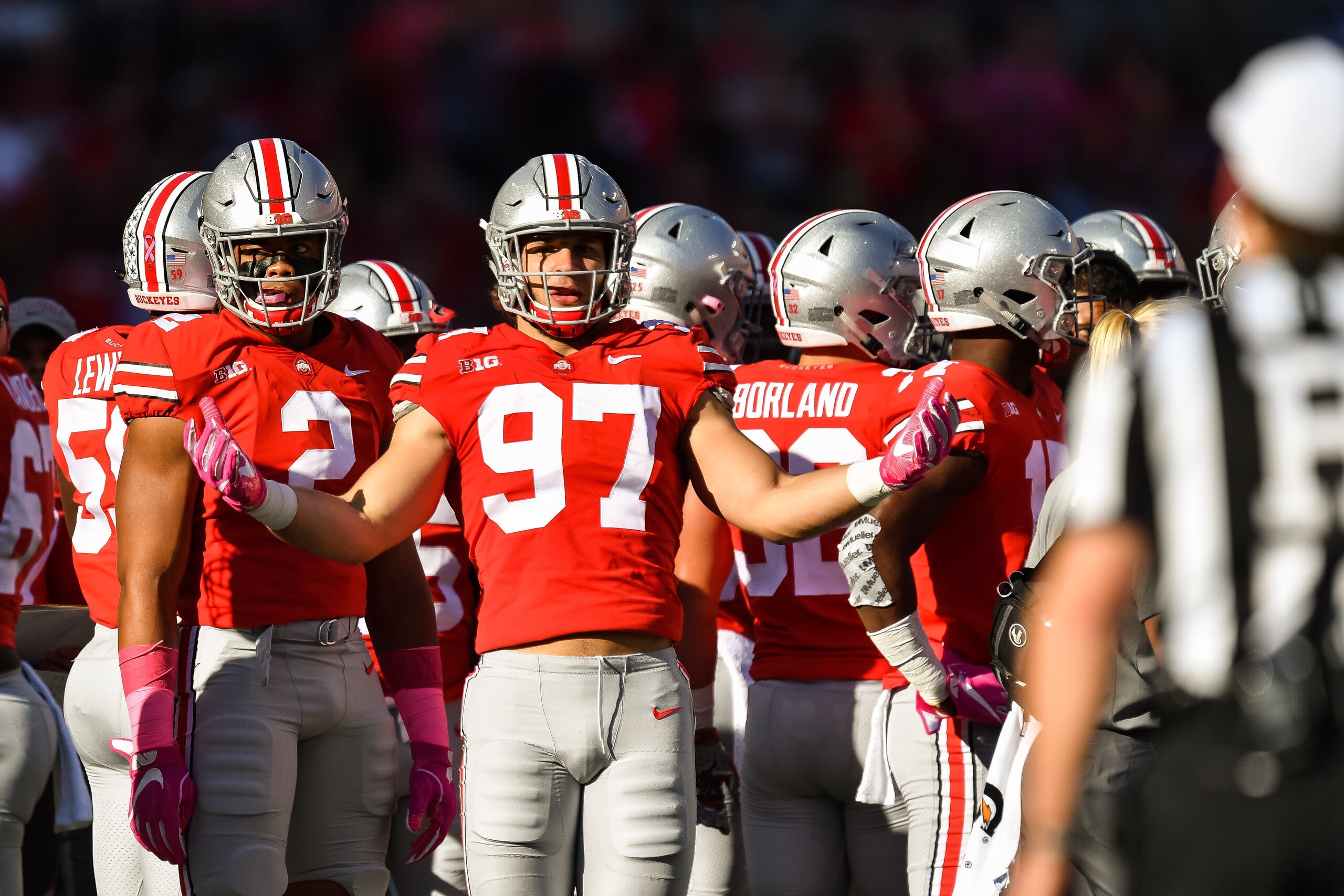 COLUMBUS, OH - OCTOBER 7:  Nick Bosa #97 of the Ohio State Buckeyes asks for an explanation on a penalty from the referee during a game against the Maryland Terrapins at Ohio Stadium on October 7, 2017 in Columbus, Ohio.  (Photo by Jamie Sabau/Getty Image