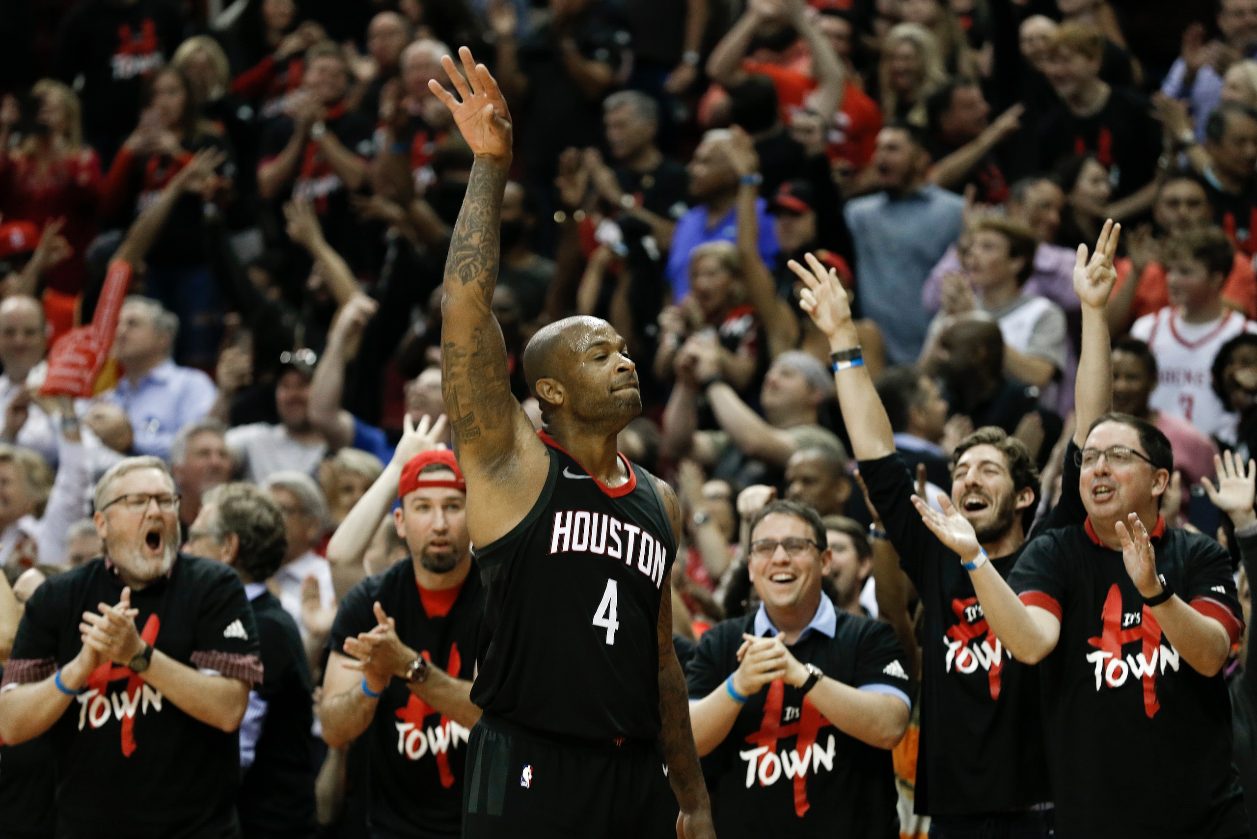 HOUSTON, TX - MAY 08:  PJ Tucker #4 of the Houston Rockets celebrates with the crowd after making a three-point shot in the closig minutes of the fourth quarter during Game Five of the Western Conference Semifinals of the 2018 NBA Playoffs at Toyota Cente