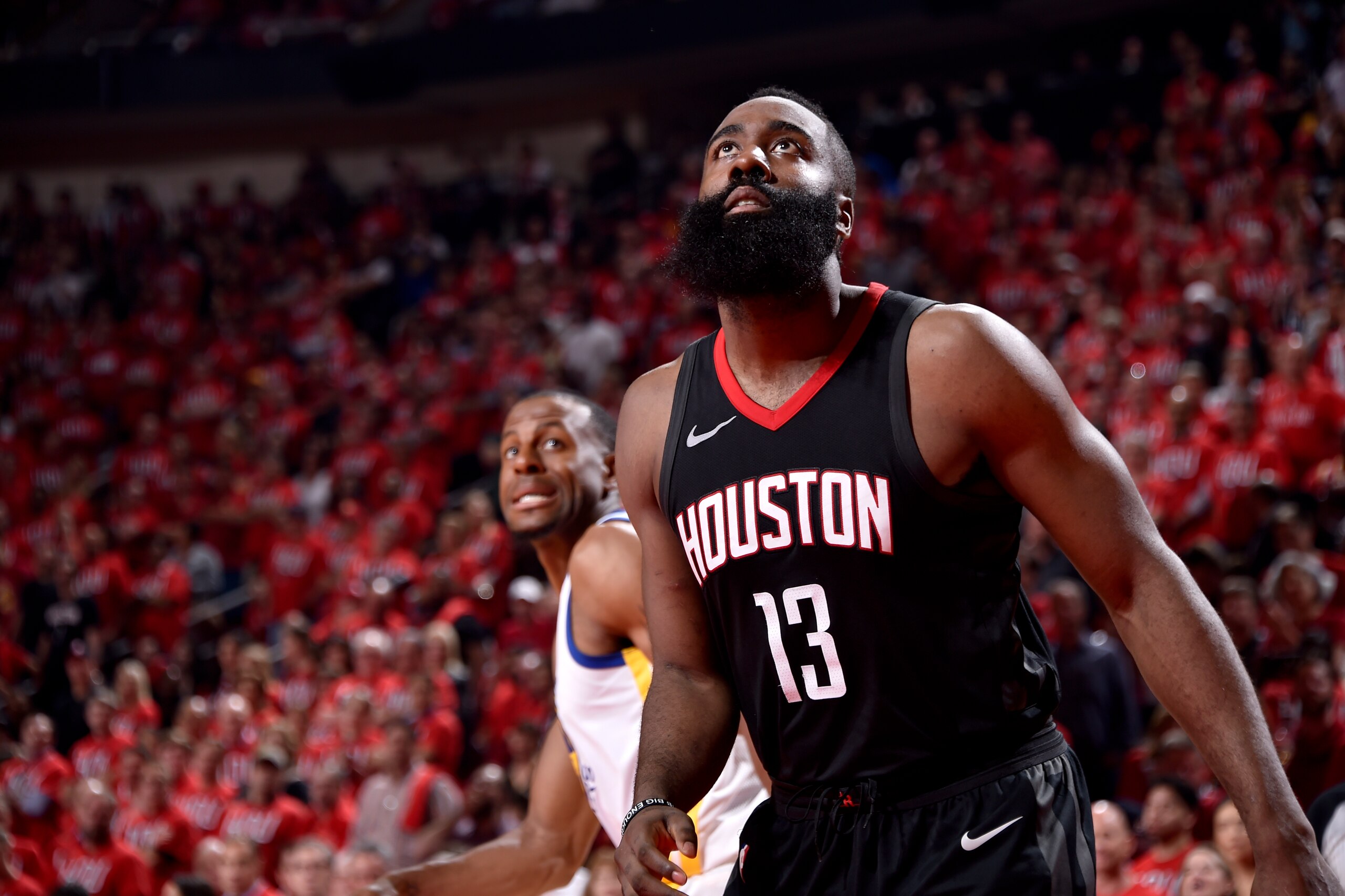 HOUSTON, TX - MAY 14:  James Harden #13 of the Houston Rockets looks on during the game against the Golden State Warriors in Game One of the Western Conference Finals of the 2018 NBA Playoffs on May 14, 2018 at the Toyota Center in Houston, Texas. NOTE TO