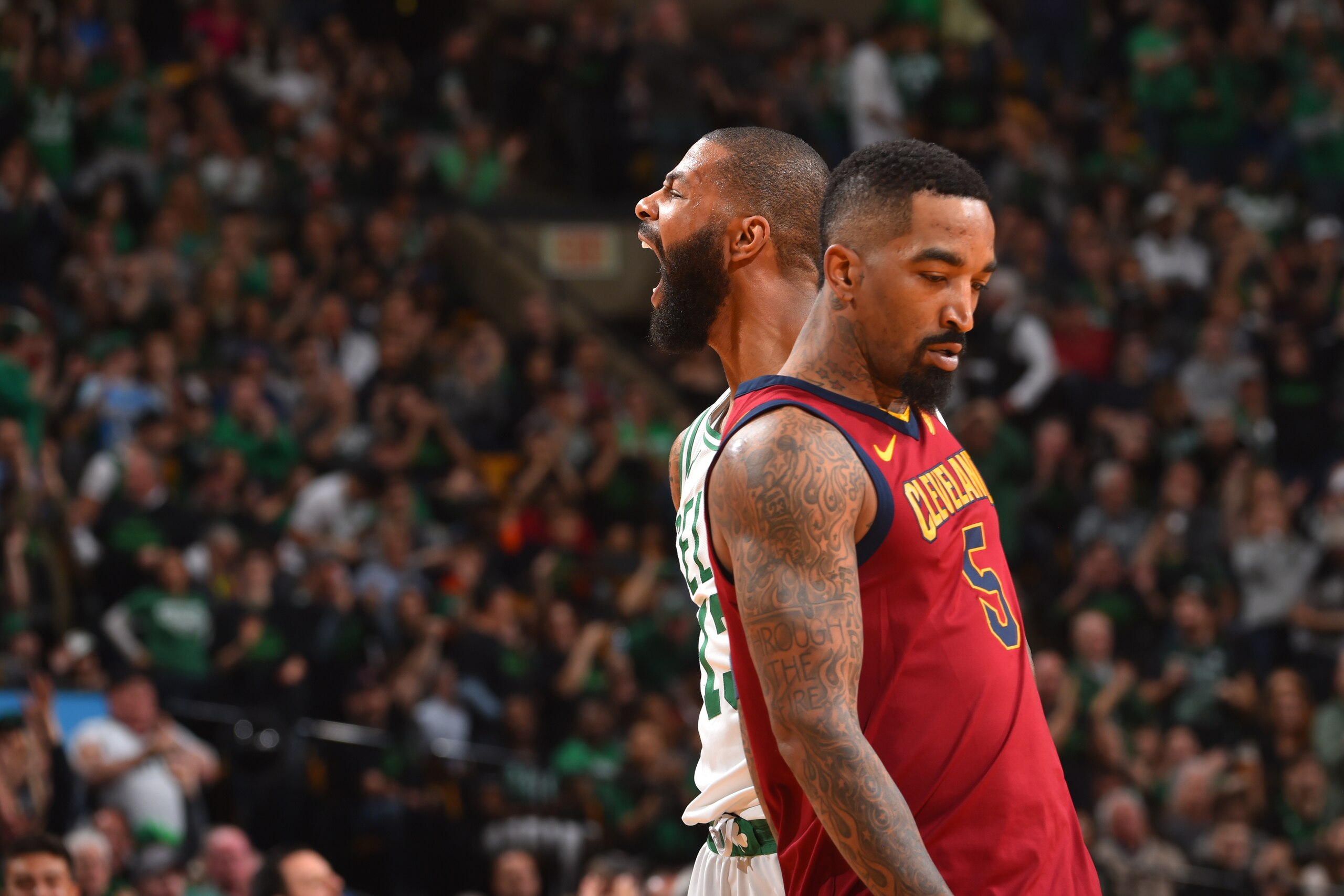 BOSTON, MA - MAY 13: Marcus Morris #13 of the Boston Celtics reacts to a play in Game One of the Eastern Conference Finals against the Cleveland Cavaliers during the 2018 NBA Playoffs on May 13, 2018 at the TD Garden in Boston, Massachusetts. NOTE TO USER