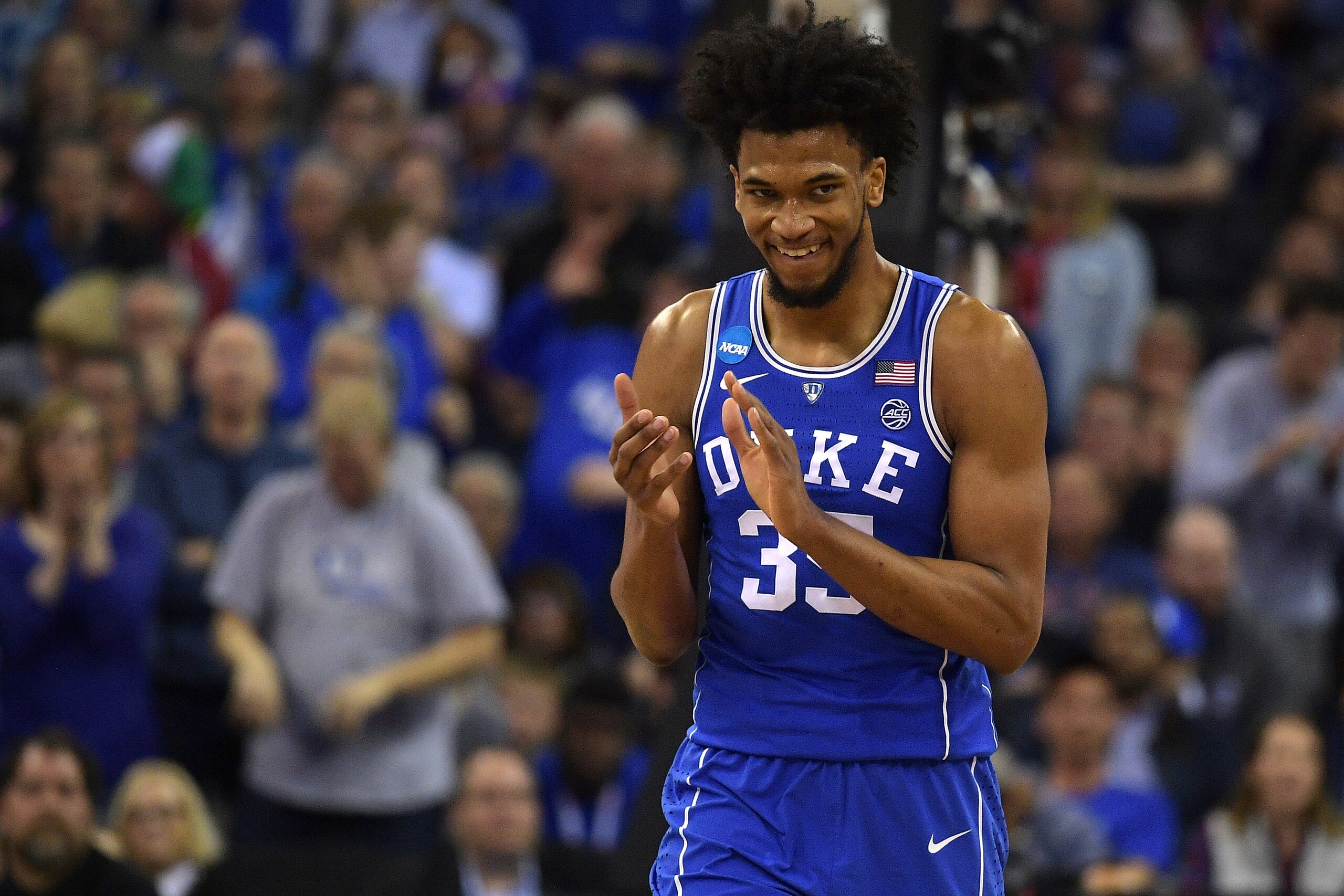 OMAHA, NE - MARCH 25: Marvin Bagley III #35 of the Duke Blue Devils reacts during their game against the Kansas Jayhawks during the 2018 NCAA Men's Basketball Tournament Midwest Regional Final at CenturyLink Center on March 25, 2018 in Omaha, Nebraska. (P
