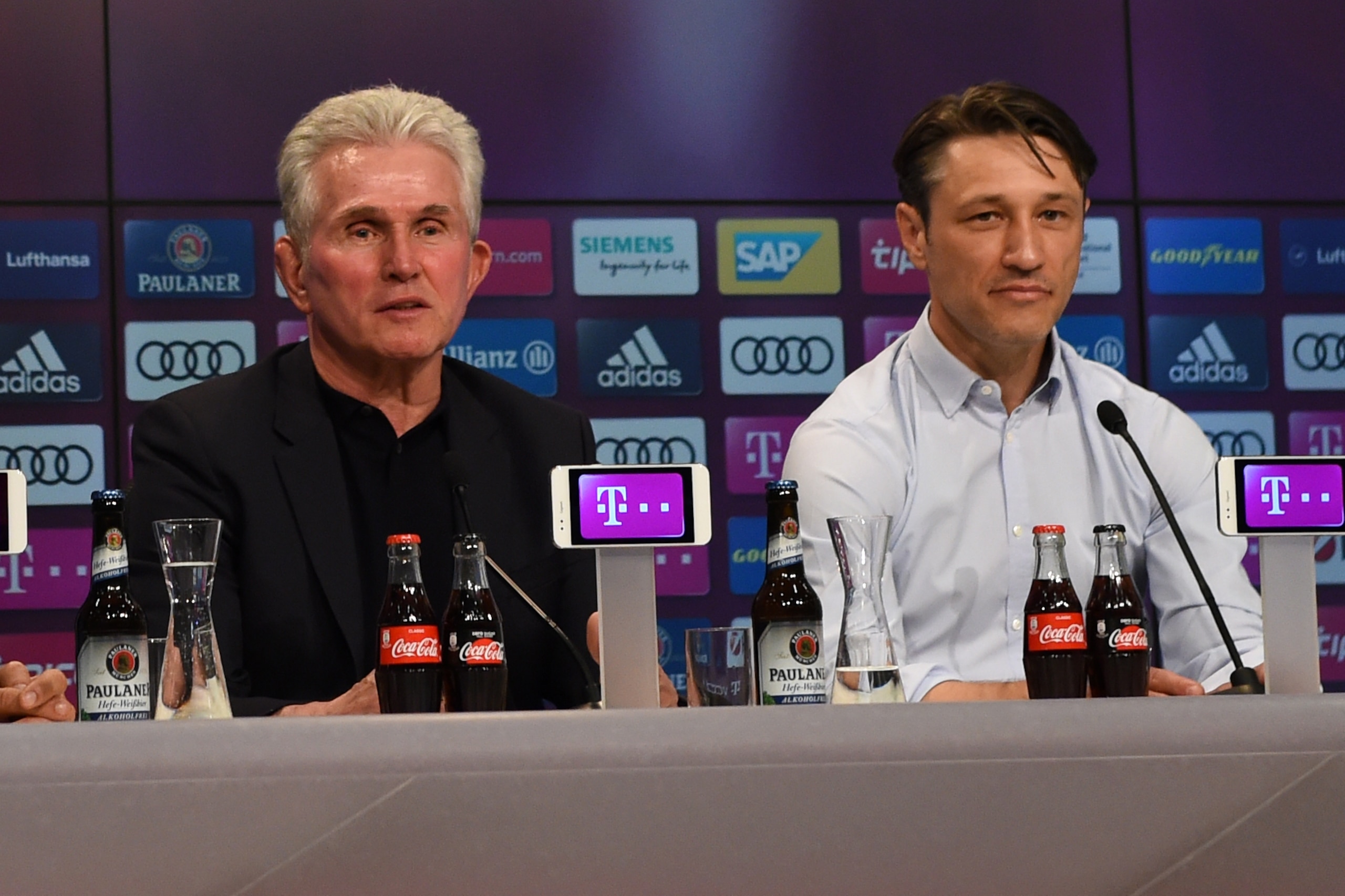 MUNICH, GERMANY - APRIL 28: Head coach Jupp Heynckes of Bayern Muenchen and head coach Niko Kovac of Eintracht Frankfurt attend a press conference after the Bundesliga match between FC Bayern Muenchen and Eintracht Frankfurt at Allianz Arena on April 28, 
