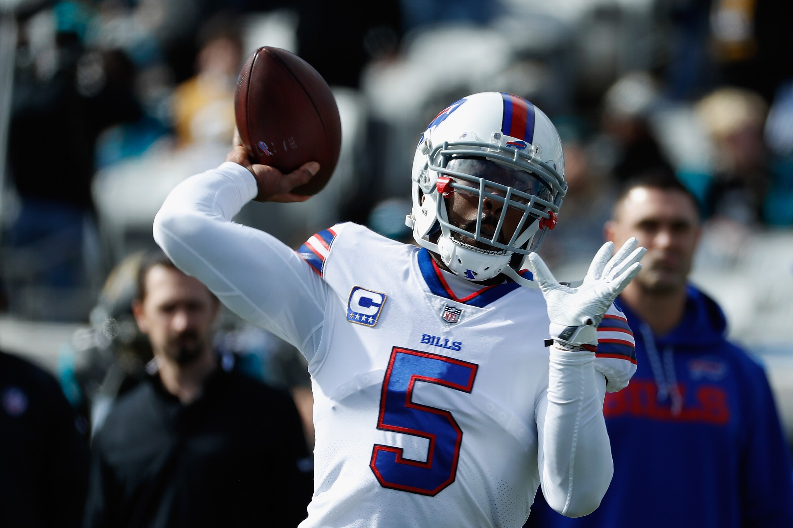 JACKSONVILLE, FL - JANUARY 07: Quarterback Tyrod Taylor #5 of the Buffalo Bills warms up before the start of the Bills  AFC Wild Card Playoff game against the Jacksonville Jaguars at EverBank Field on January 7, 2018 in Jacksonville, Florida.  (Photo by S
