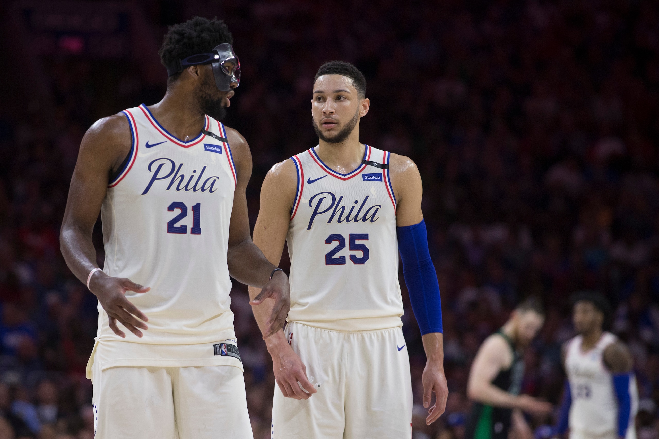 PHILADELPHIA, PA - MAY 5: Joel Embiid #21 of the Philadelphia 76ers talks to Ben Simmons #25 against the Boston Celtics during Game Three of the Eastern Conference Second Round of the 2018 NBA Playoff at Wells Fargo Center on May 5, 2018 in Philadelphia, 