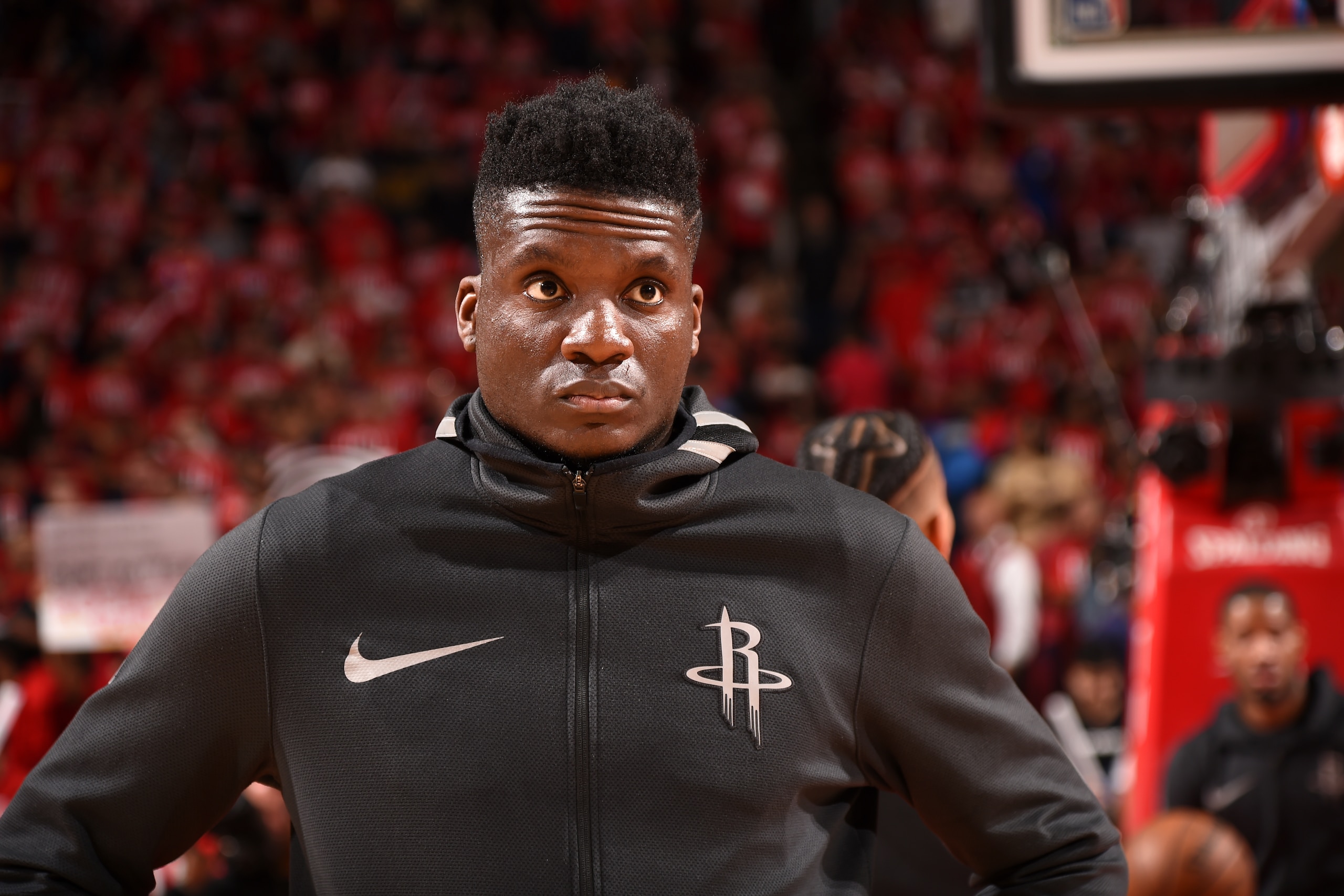 HOUSTON, TX - MAY 14:  Clint Capela #15 of the Houston Rockets looks on before the game against the Golden State Warriors in Game One of the Western Conference Finals of the 2018 NBA Playoffs on May 14, 2018 at the Toyota Center in Houston, Texas. NOTE TO