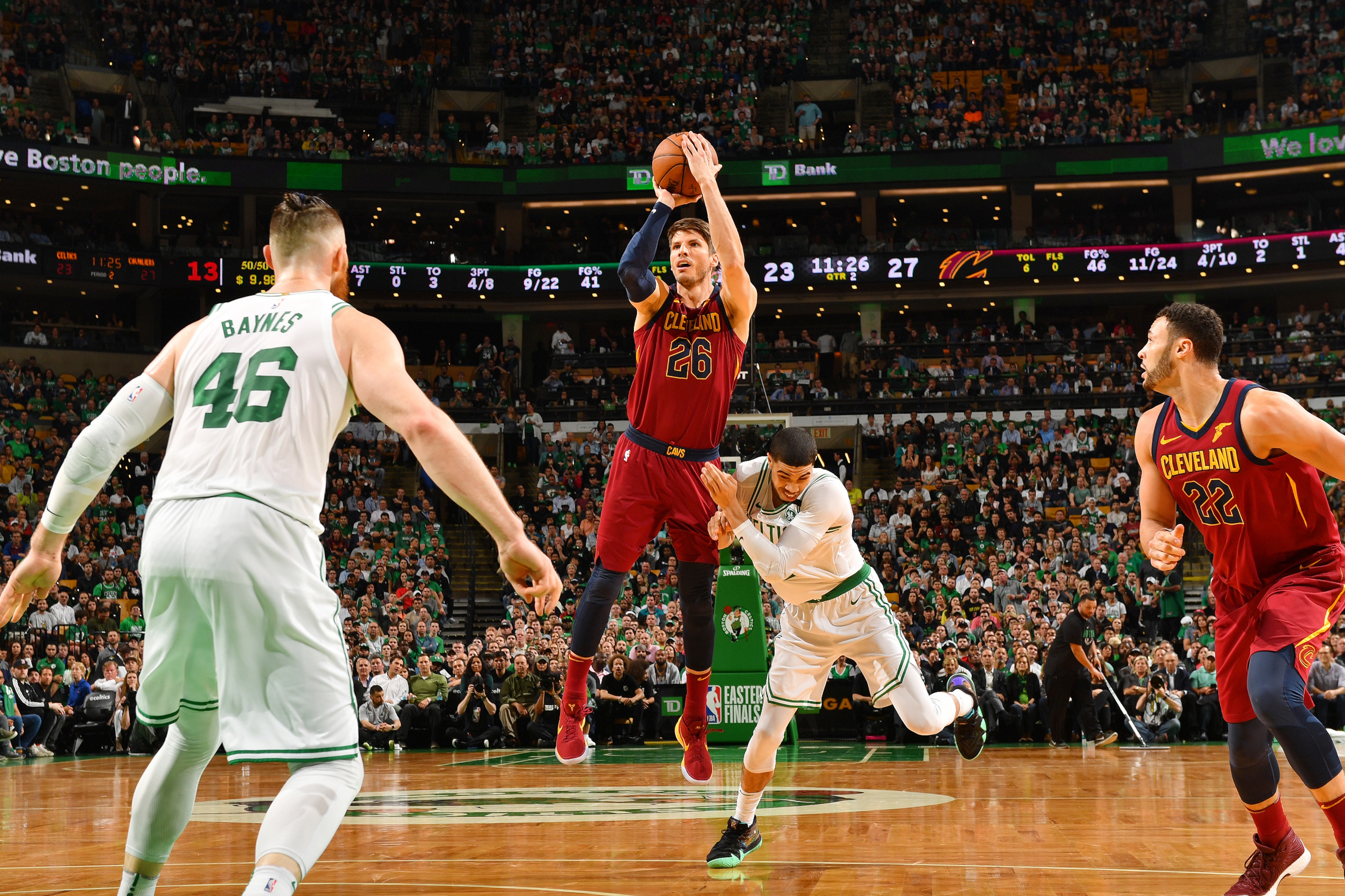 BOSTON, MA - MAY 15: Kyle Korver #26 of the Cleveland Cavaliers shoots the ball against the Boston Celtics during Game Two of the Eastern Conference Finals of the 2018 NBA Playoffs on May 15, 2018 at the TD Garden in Boston, Massachusetts. NOTE TO USER: U