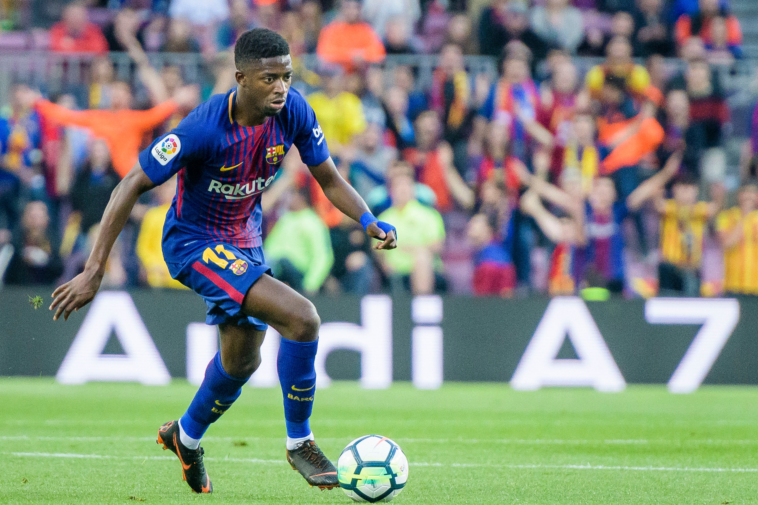 BARCELONA, SPAIN - MAY 09: Ousmane Dembele of FC Barcelona in action during the La Liga 2017-18 match between FC Barcelona and Villarreal CF at Camp Nou on May 09 2018 in Barcelona, Spain. (Photo by Power Sport Images/Getty Images)