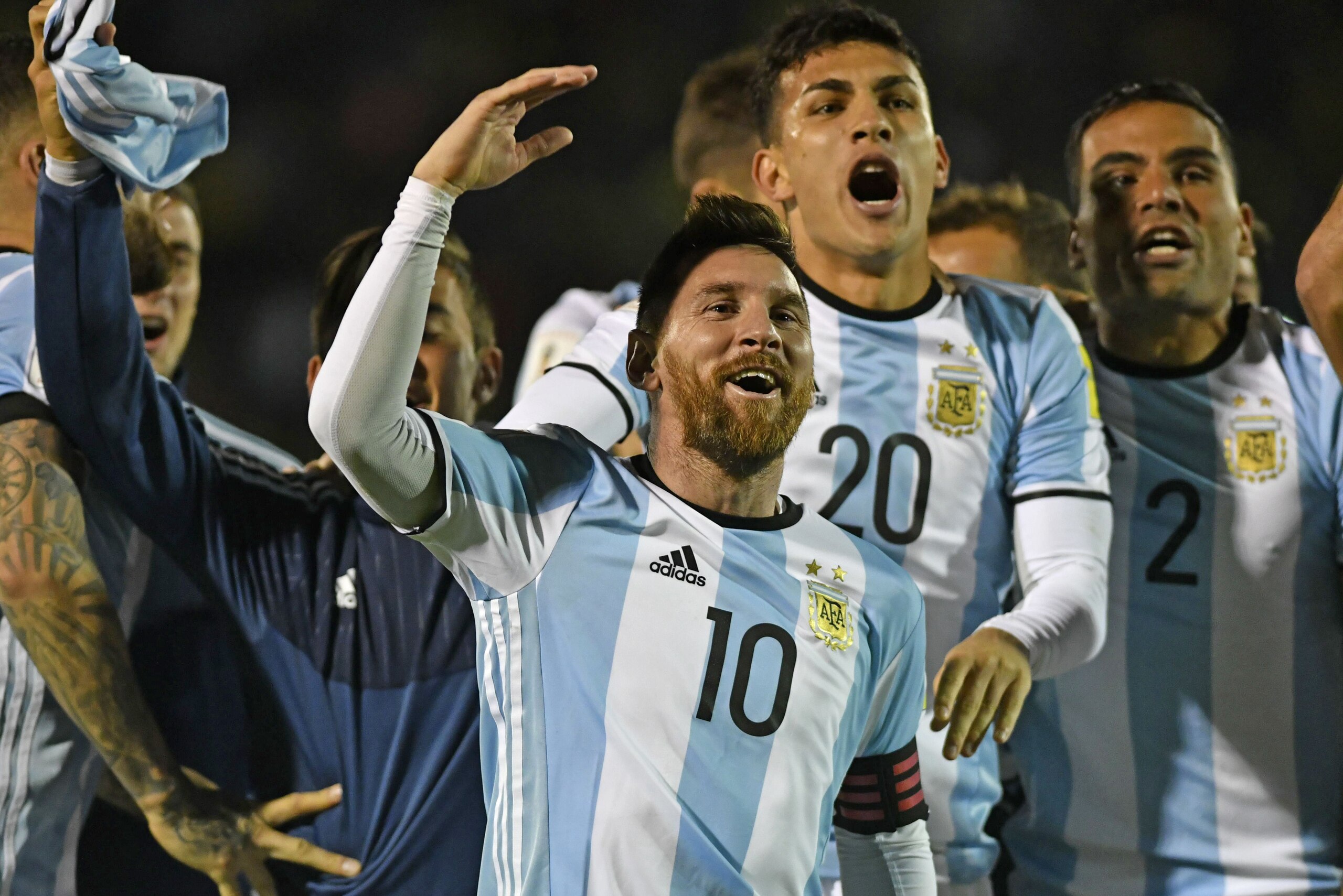 Argentina's Lionel Messi (C) celebrates after defeating Ecuador and qualifying to the 2018 World Cup football tournament, in Quito, on October 10, 2017. / AFP PHOTO / Juan Ruiz (Photo credit should read JUAN RUIZ/AFP/Getty Images) Argentina's Lionel Messi (C) celebrates after defeating Ecuador and qualifying to the 2018 World Cup football tournament, in Quito, on October 10, 2017. / AFP PHOTO / Juan Ruiz (Photo credit should read JUAN RUIZ/AFP/Getty Images)