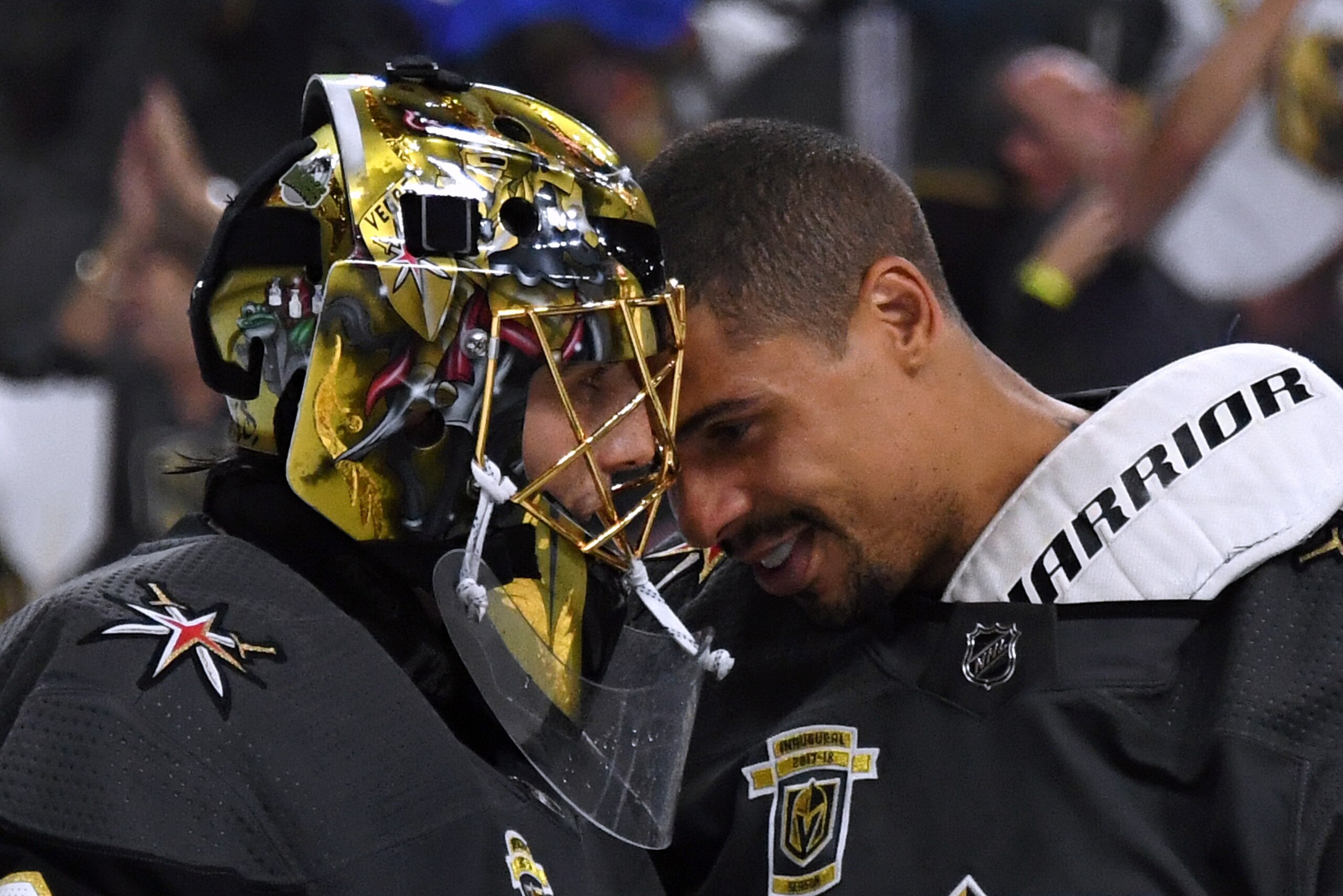 LAS VEGAS, NV - MAY 16: Marc-Andre Fleury (L) #29 and Ryan Reaves #75 of the Vegas Golden Knights celebrate after the team's 4-2 win over the Winnipeg Jets in Game Three of the Western Conference Finals during the 2018 NHL Stanley Cup Playoffs at T-Mobil LAS VEGAS, NV - MAY 16: Marc-Andre Fleury (L) #29 and Ryan Reaves #75 of the Vegas Golden Knights celebrate after the team's 4-2 win over the Winnipeg Jets in Game Three of the Western Conference Finals during the 2018 NHL Stanley Cup Playoffs at T-Mobil