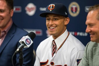 MINNEAPOLIS, MN- JUNE 17: Royce Lewis of the Minnesota Twins, the number one pick in the MLB Draft looks on at a press conference on June 17, 2017 at Target Field in Minneapolis, Minnesota. (Photo by Brace Hemmelgarn/Minnesota Twins/Getty Images)