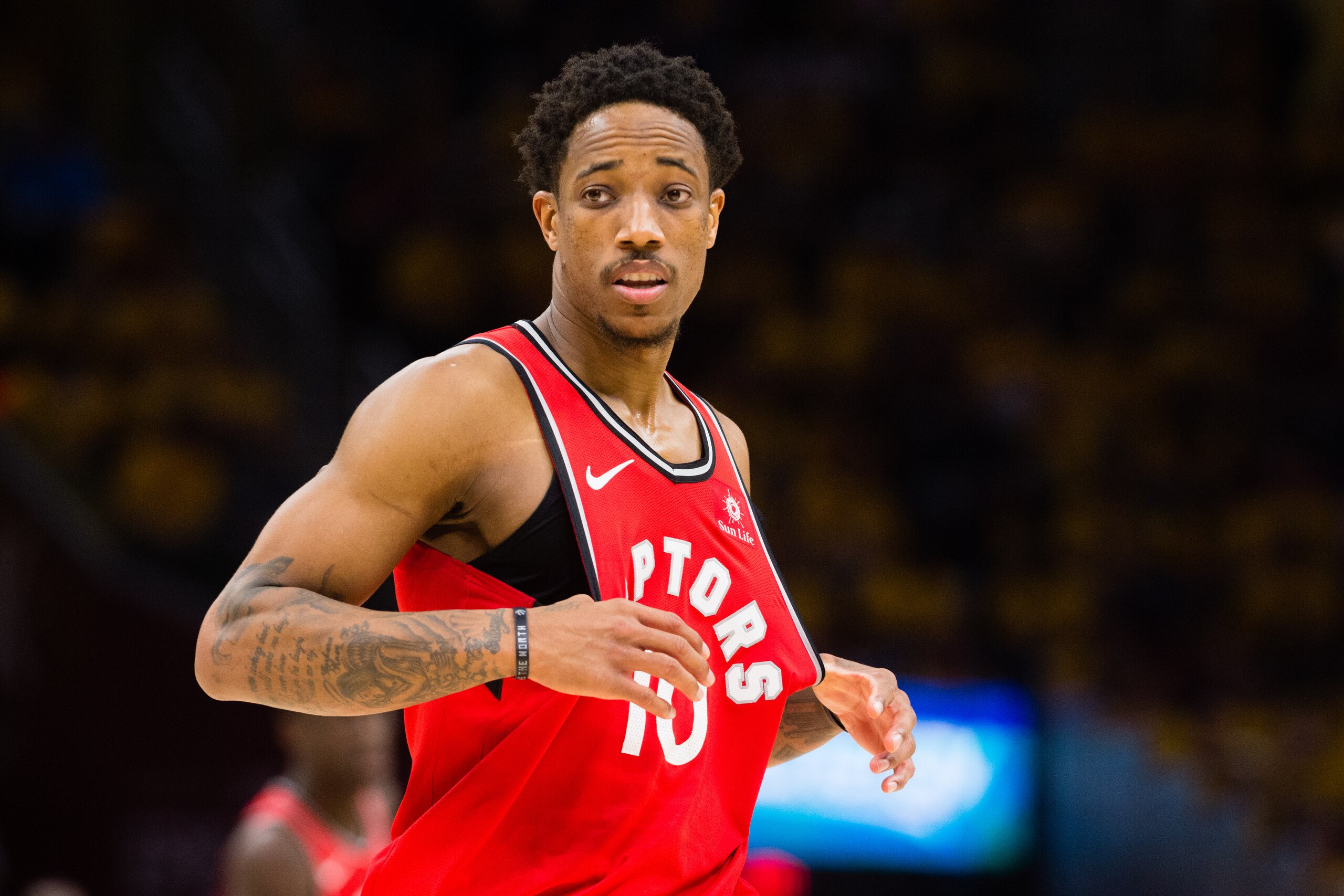 CLEVELAND, OH - MAY 7: DeMar DeRozan #10 of the Toronto Raptors reacts during the second half of Game 4 of the second round of the Eastern Conference playoffs against the Cleveland Cavaliers at Quicken Loans Arena on May 7, 2018 in Cleveland, Ohio. The Ca