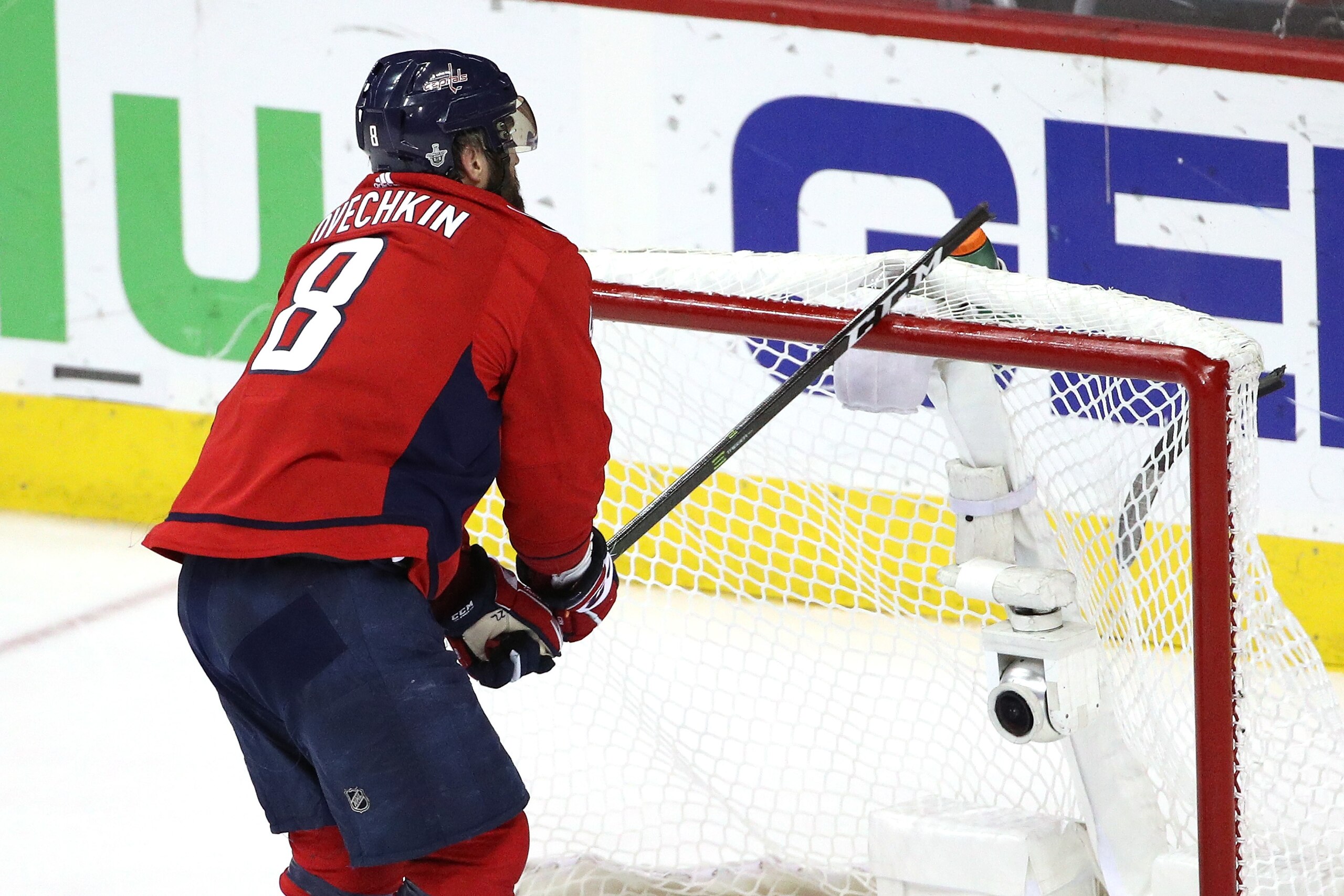 WASHINGTON, DC - MAY 17:  Alex Ovechkin #8 of the Washington Capitals slams his stick on an empty net against the Tampa Bay Lightning during the end of third period in Game Four of the Eastern Conference Finals during the 2018 NHL Stanley Cup Playoffs at 