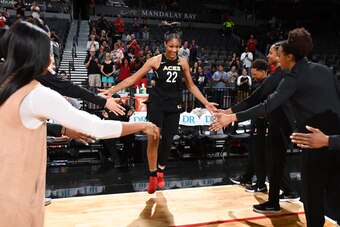 LAS VEGAS, NV - MAY 6:   A'ja Wilson #22 of the Las Vegas Aces is introduced before the game against the China National Team in a WNBA pre-season game on May 6, 2018 at the Mandalay Bay Events Center in Las Vegas, Nevada.  NOTE TO USER: User expressly ack