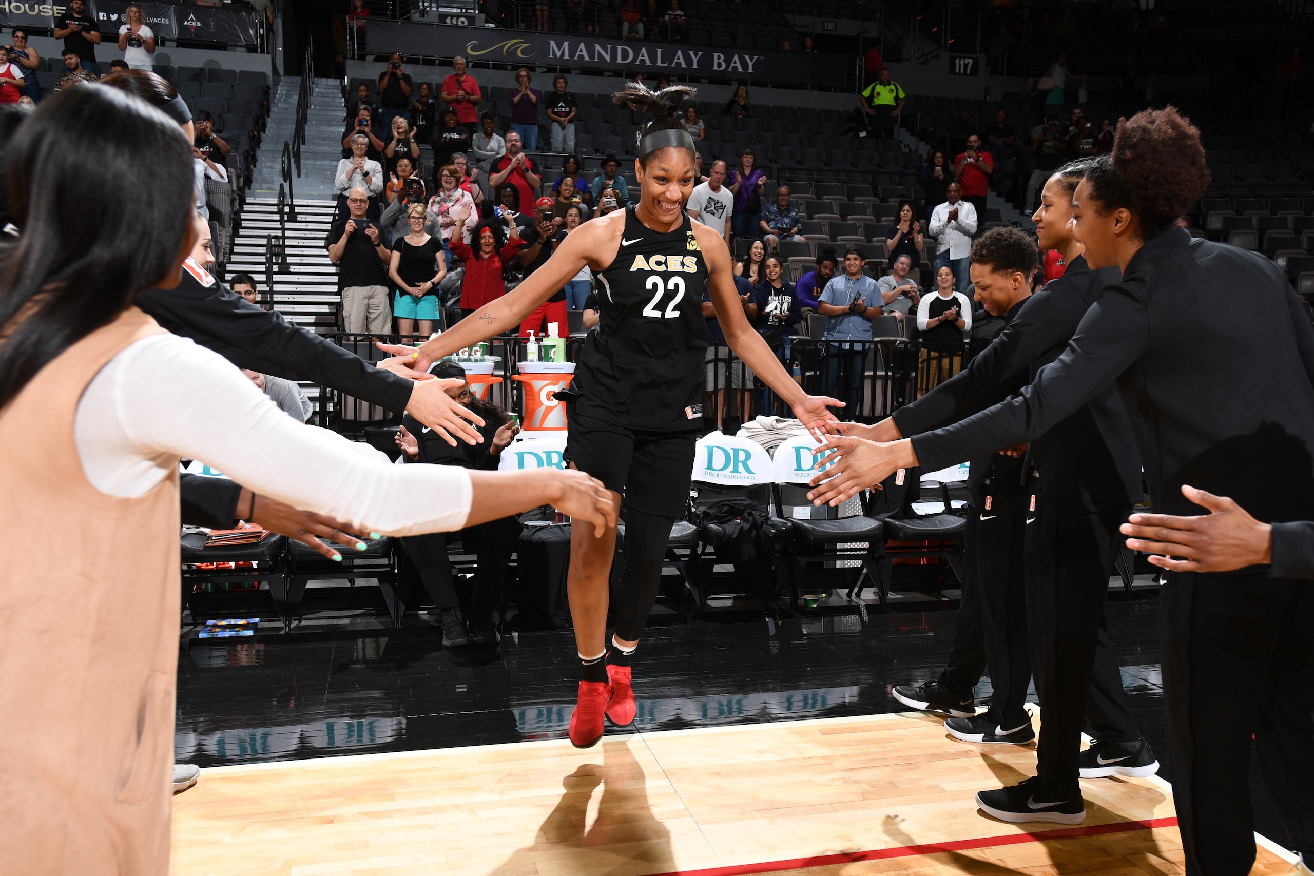 LAS VEGAS, NV - MAY 6:   A'ja Wilson #22 of the Las Vegas Aces is introduced before the game against the China National Team in a WNBA pre-season game on May 6, 2018 at the Mandalay Bay Events Center in Las Vegas, Nevada.  NOTE TO USER: User expressly ack