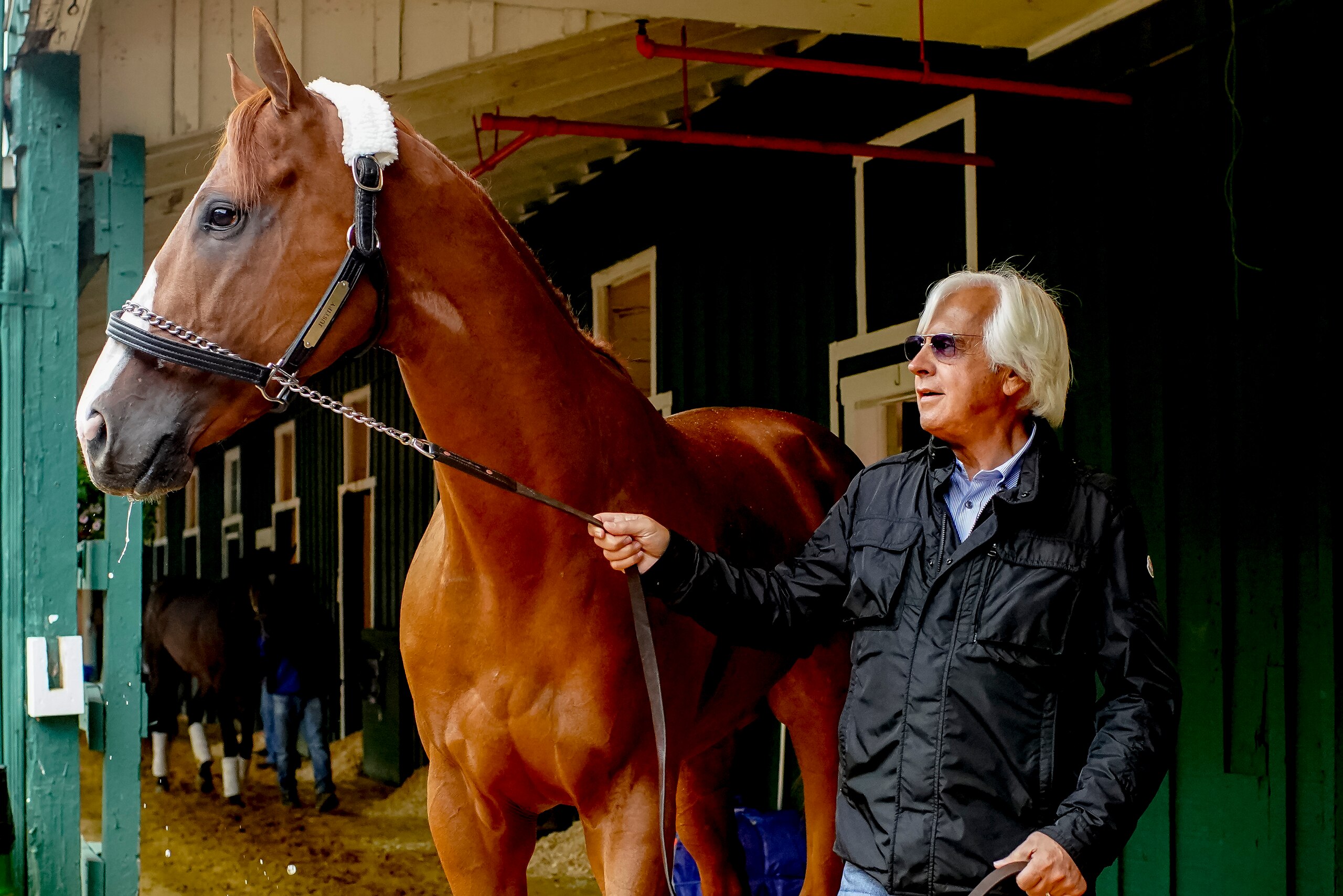 BALTIMORE, MD - MAY 16:  Trainer Bob Baffert walks Kentucky Derby winner Justify after arriving for Preakness preparations after a flight from Louisville, at Pimlico Race Course on May 15, 2018 in Baltimore, Maryland.  (Photo by Scott Serio/Eclipse Sports
