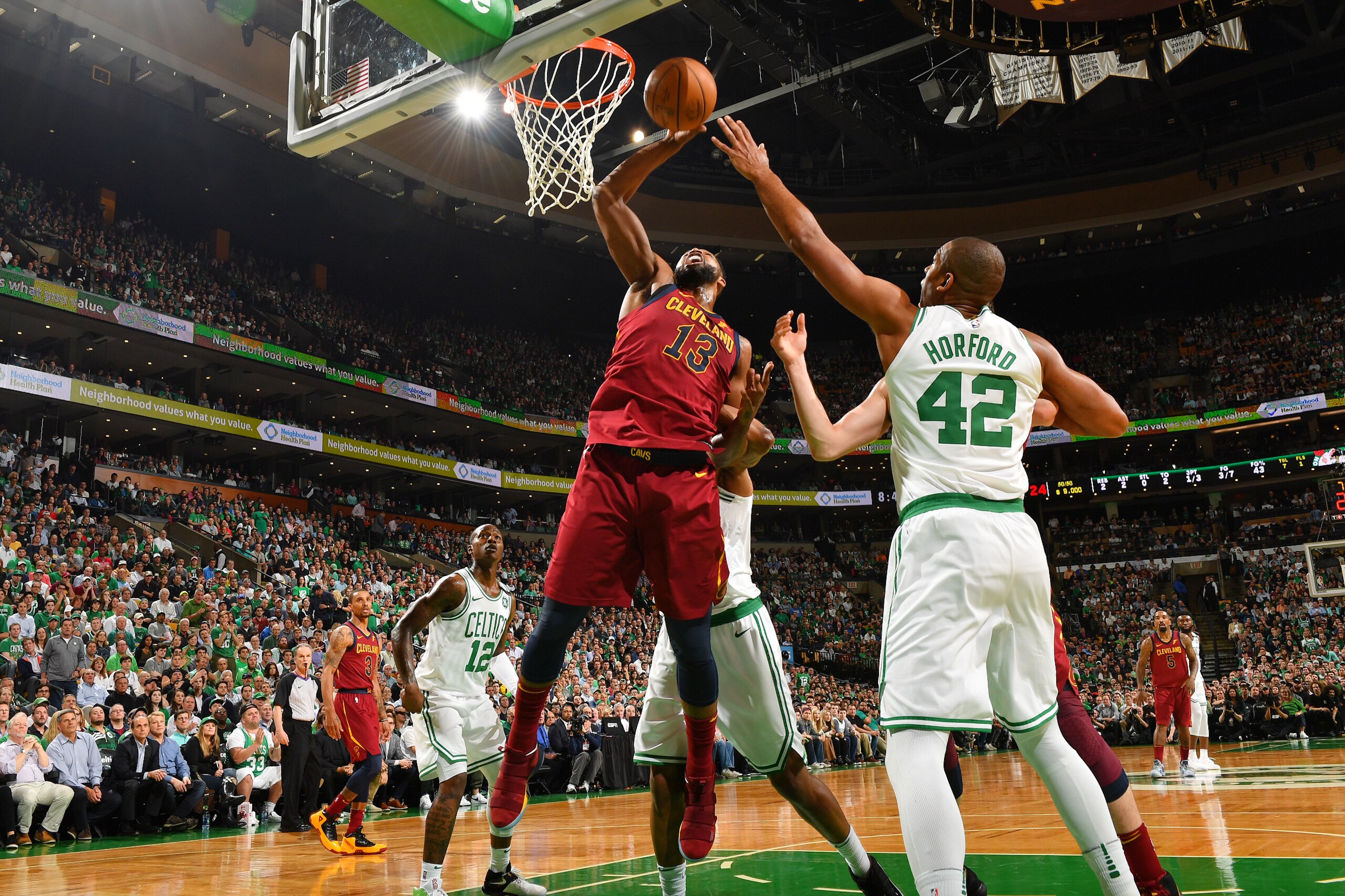 BOSTON, MA - MAY 15: Tristan Thompson #13 of the Cleveland Cavaliers grabs the rebound against the Boston Celtics during Game Two of the Eastern Conference Finals of the 2018 NBA Playoffs on May 15, 2018 at the TD Garden in Boston, Massachusetts. NOTE TO BOSTON, MA - MAY 15: Tristan Thompson #13 of the Cleveland Cavaliers grabs the rebound against the Boston Celtics during Game Two of the Eastern Conference Finals of the 2018 NBA Playoffs on May 15, 2018 at the TD Garden in Boston, Massachusetts. NOTE TO