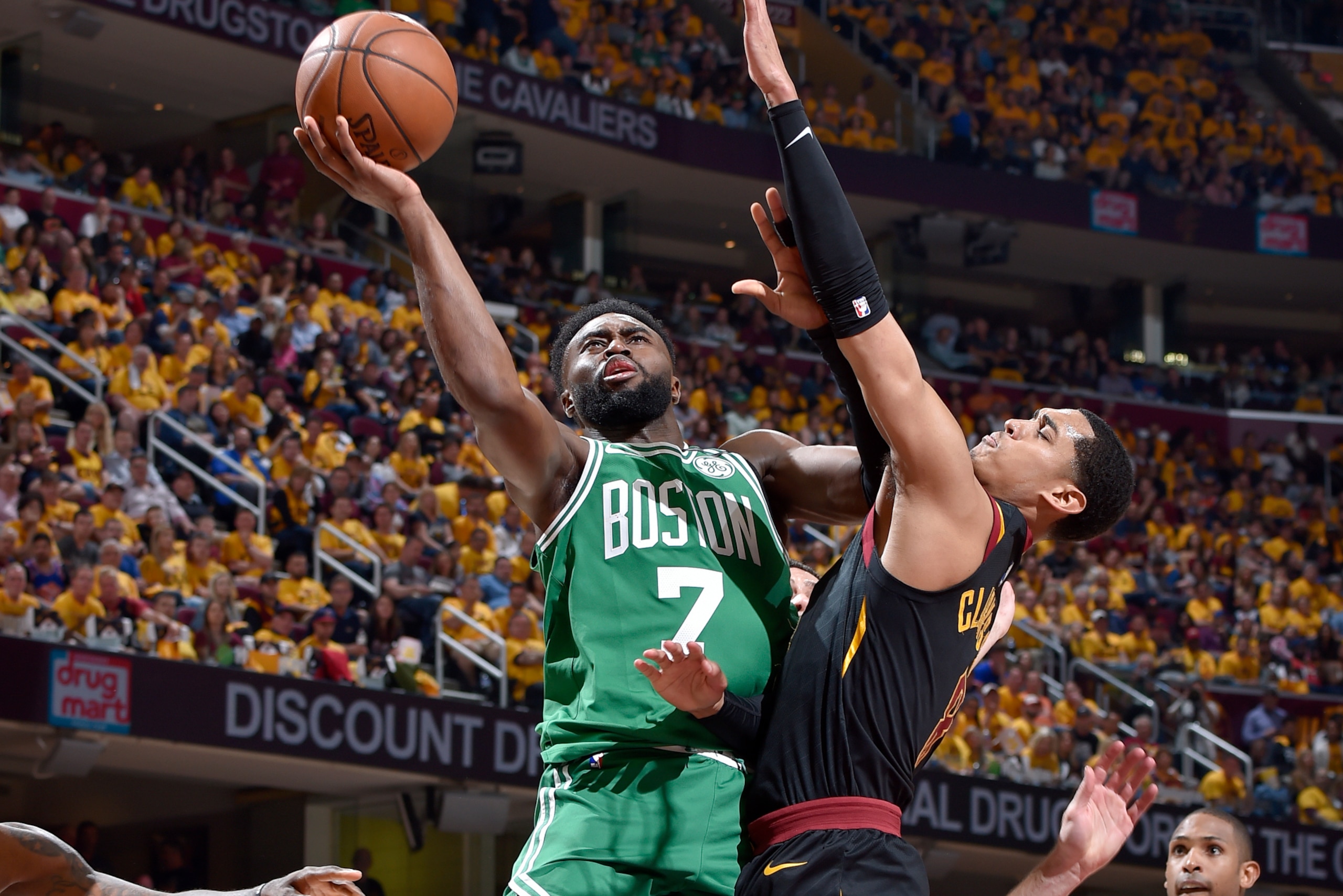 CLEVELAND, OH - MAY 19: Jaylen Brown #7 of the Boston Celtics goes to the basket against the Cleveland Cavaliers in Game Three of the Eastern Conference Finals during the 2018 NBA Playoffs on May 19, 2018 at Quicken Loans Arena in Cleveland, Ohio. NOTE TO