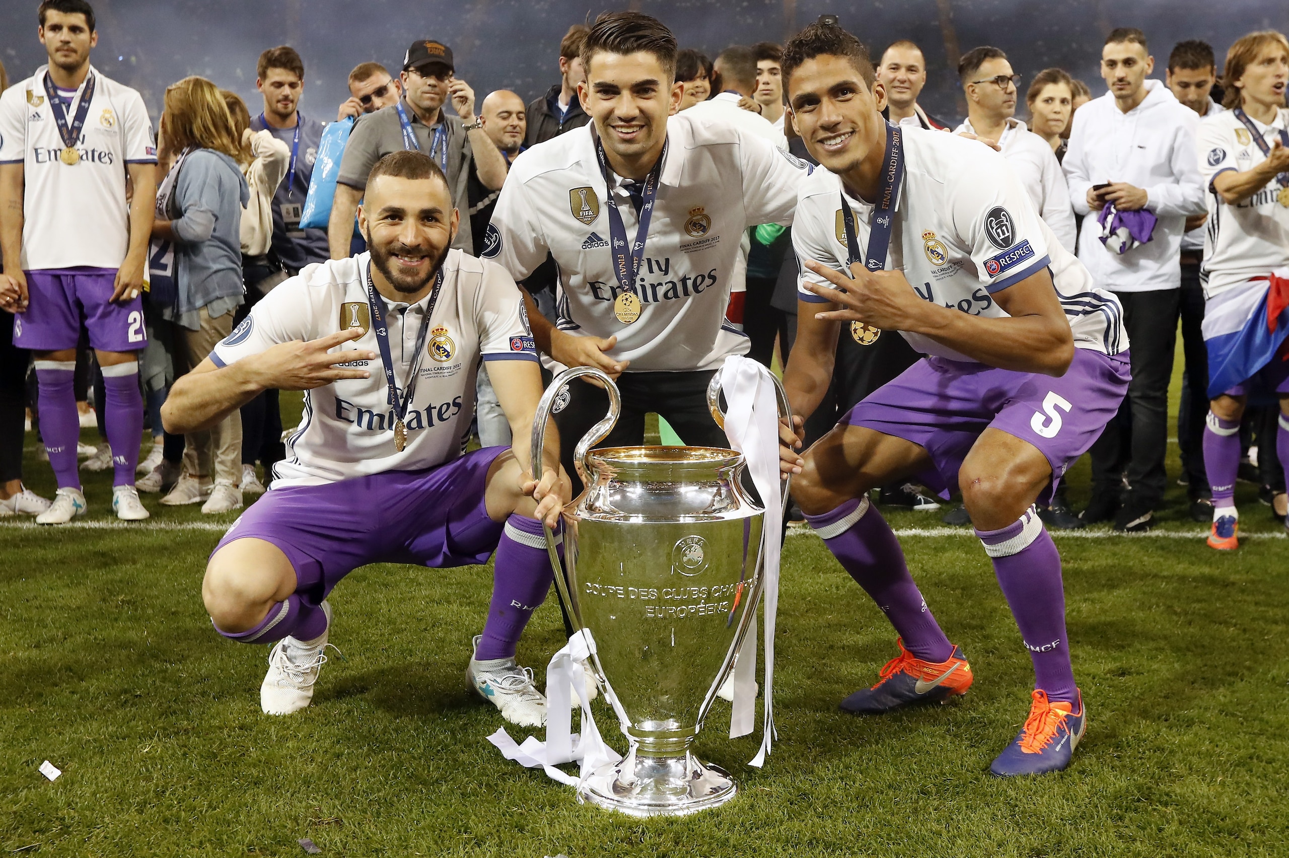 (L-R) Karim Benzema of Real Madrid, Enzo Fernandez of Real Madrid, Raphael Varane of Real Madrid with Champions League trophy, Coupe des clubs Champions Europeensduring the UEFA Champions League final match between Juventus FC and Real Madrid on June 3, 2
