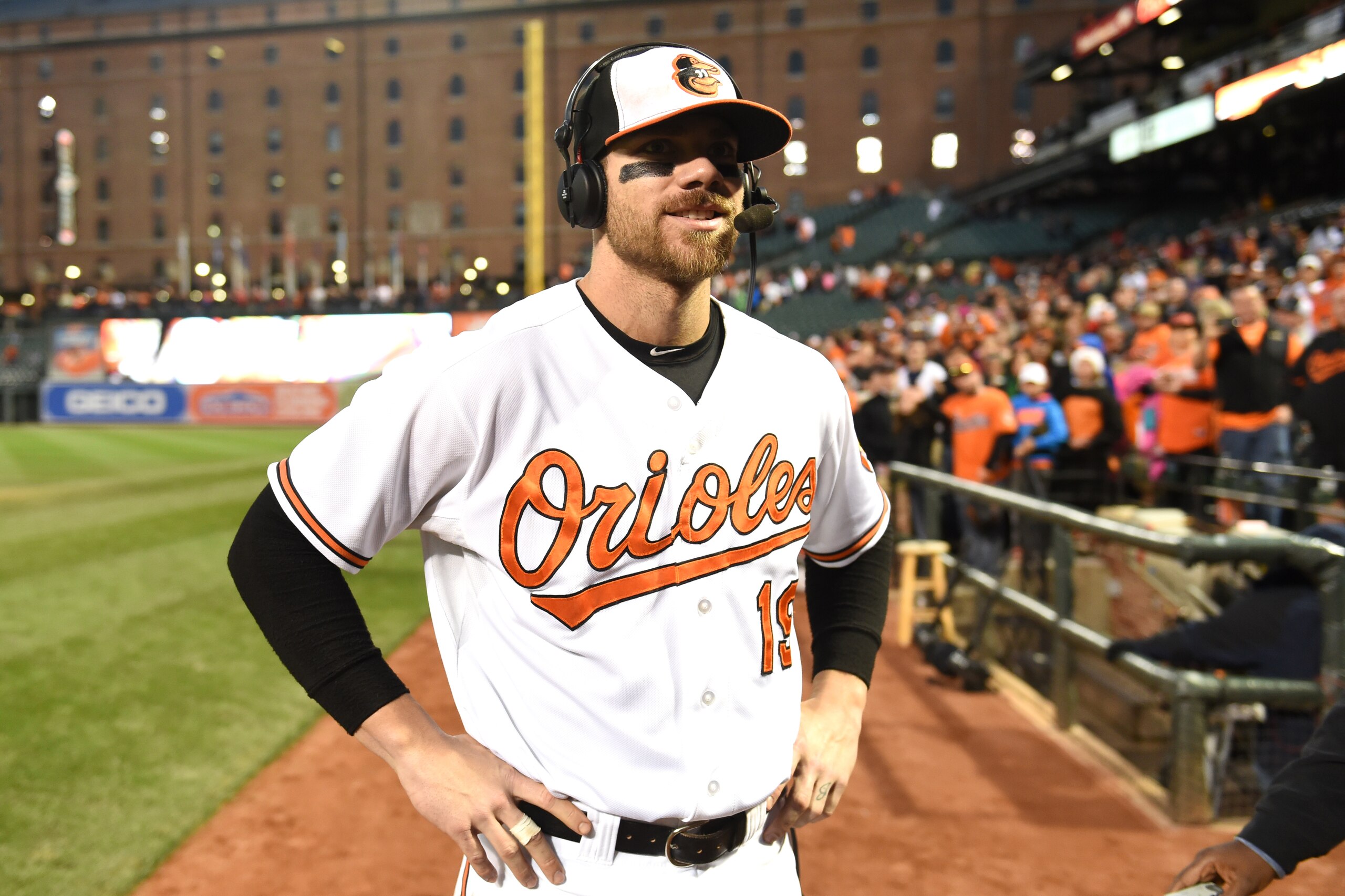 BALTIMORE, MD - OCTOBER 04:  Chris Davis #19 of the Baltimore Orioles does an interview after a baseball game against the New York Yankees at Oriole Park at Camden Yards on October 4, 2015 in Baltimore, Maryland.  The Orioles won 9-4.  (Photo by Mitchell 