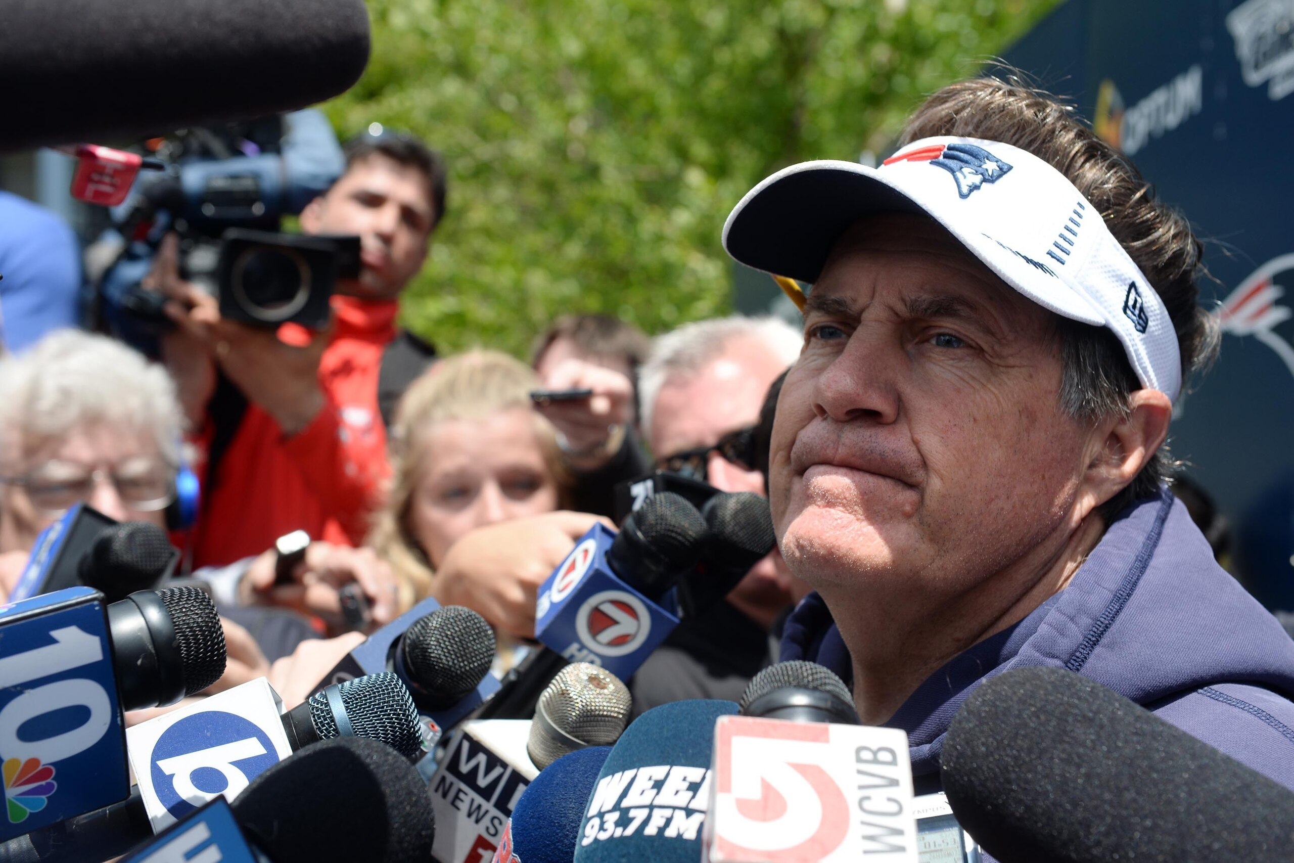 FOXBOROUGH, MA - JUNE 4: Head coach Bill Belichick, of the New England Patriots, speaks to the media after organized team activities at Gillette Stadium on June 4, 2015 in Foxborough, Massachusetts. (Photo by Darren McCollester/Getty Images)
