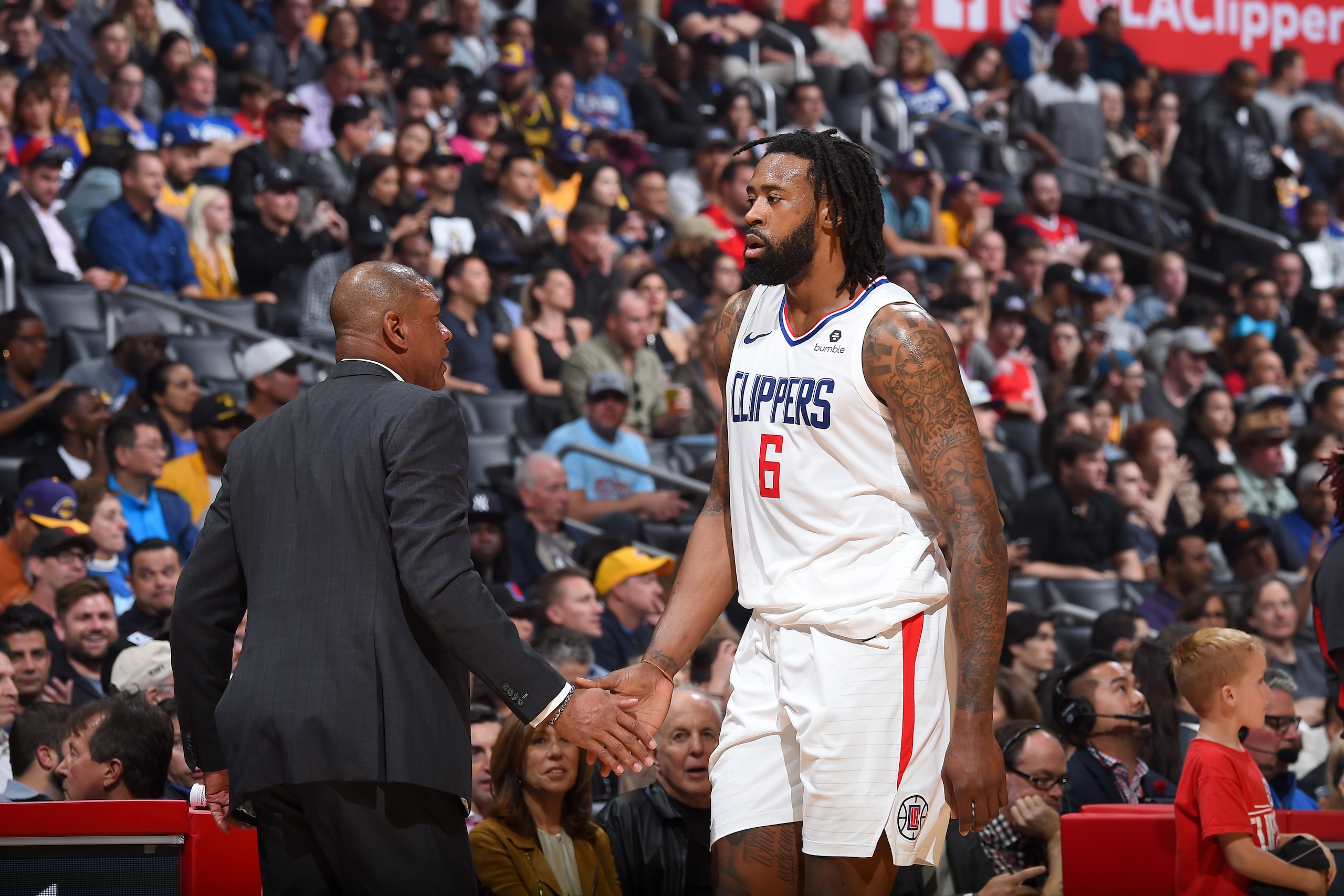 LOS ANGELES, CA - APRIL 11: Head Coach Doc Rivers and DeAndre Jordan #6 of the LA Clippers during the game against the Los Angeles Lakers on April 11, 2018 at STAPLES Center in Los Angeles, California. NOTE TO USER: User expressly acknowledges and agrees 